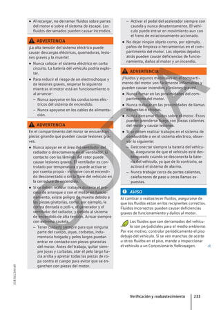 ● Al recargar, no derramar fluidos sobre partes
del motor o sobre el sistema de escape. Los
fluidos derramados pueden causar incendios.
ADVERTENCIA
¡La alta tensión del sistema eléctrico puede
causar descargas eléctricas, quemaduras, lesio-
nes graves y la muerte!
● Nunca colocar el sistema eléctrico en corto
circuito. La batería del vehículo podría explo-
tar.
● Para reducir el riesgo de un electrochoque y
de lesiones graves, respetar lo siguiente
mientras el motor está en funcionamiento o
al arrancar:
– Nunca apoyarse en los conductores eléc-
tricos del sistema de encendido.
– Nunca apoyarse en los cables de alimenta-
ción.
ADVERTENCIA
En el compartimento del motor se encuentran
piezas girando que pueden causar lesiones gra-
ves.
● Nunca apoyar en el área del ventilador del
radiador o directamente en el ventilador. El
contacto con las láminas del rotor puede
causar lesiones graves. El ventilador es con-
trolado por temperatura y puede activarse
por cuenta propia - inclusive con el encendi-
do desconectado o sin la llave del vehículo en
la cerradura de encendido.
● Si se deben realizar trabajos durante el pro-
ceso de arranque o con el motor en funcio-
namiento, existe peligro de muerte debido a
las piezas giratorias, como, por ejemplo, la
correa dentada o poli-v, el generador y el
ventilador del radiador, y debido al sistema
de encendido de alta tensión. Actuar siempre
con extrema cautela.
– Tener cuidado siempre para que ninguna
parte del cuerpo, joyas, corbatas, indu-
mentaria holgada y pelos largos puedan
entrar en contacto con piezas giratorias
del motor. Antes del trabajo, quitar siem-
pre joyas y corbatas, atar el pelo largo ha-
cia arriba y apretar todas las piezas de ro-
pa contra el cuerpo para evitar que se en-
ganchen con piezas del motor.
– Activar el pedal del acelerador siempre con
cautela y nunca desatentamente. El vehí-
culo puede entrar en movimiento aun con
el freno de estacionamiento accionado.
● No dejar ningún objeto como, por ejemplo,
paños de limpieza o herramientas en el com-
partimento del motor. Los objetos dejados
atrás pueden causar deficiencias de funcio-
namiento, daños al motor y un incendio.
ADVERTENCIA
¡Fluidos y algunos materiales en el comparti-
mento del motor son fácilmente inflamables y
pueden causar incendios y lesiones graves!
● Nunca fumar en las proximidades del com-
partimento del motor.
● Nunca trabajar en las proximidades de llamas
expuestas o chispas.
● Nunca derramar fluidos sobre el motor. Éstos
pueden prenderse fuego con piezas calientes
del motor y causar lesiones.
● Si se deben realizar trabajos en el sistema de
combustible o en el sistema eléctrico, obser-
var lo siguiente:
– Desconectar siempre la batería del vehícu-
lo. Asegurarse de que el vehículo esté des-
bloqueado cuando se desconecta la bate-
ría del vehículo, ya que de lo contrario, se
activará el sistema de alarma.
– Nunca trabajar cerca de partes calientes,
calefactores de paso u otras llamas ex-
puestas.
AVISO
Al cambiar o reabastecer fluidos, asegurarse de
que los fluidos están en los recipientes correctos.
Fluidos incorrectos pueden causar deficiencias
graves de funcionamiento y daños al motor.
Los fluidos que son derramados del vehícu-
lo son perjudiciales para el medio ambiente.
Por ese motivo, controlar periódicamente el piso
debajo del vehículo. Si se ven manchas de aceite
u otros fluidos en el piso, mande a inspeccionar
el vehículo a un Concesionario Volkswagen. 
Verificación y reabastecimiento 233
21B.5L1.SAV.60
C
O
P
I
A
 