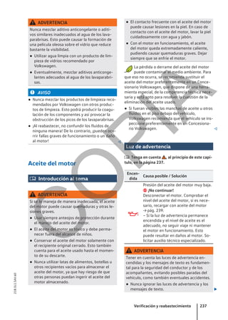 ADVERTENCIA
Nunca mezclar aditivo anticongelante o aditi-
vos similares inadecuados al agua de los lava-
parabrisas. Esto puede causar la formación de
una película oleosa sobre el vidrio que reduce
bastante la visibilidad.
● Utilizar agua limpia con un producto de lim-
pieza de vidrios recomendado por
Volkswagen.
● Eventualmente, mezclar aditivos anticonge-
lantes adecuados al agua de los lavaparabri-
sas.
AVISO
● Nunca mezclar los productos de limpieza reco-
mendados por Volkswagen con otros produc-
tos de limpieza. Esto podrá producir la coagu-
lación de los componentes y así provocar la
obstrucción de los picos de los lavaparabrisas.
● ¡Al reabastecer, no confundir los fluidos de
ninguna manera! De lo contrario, ¡pueden ocu-
rrir fallas graves de funcionamiento o un daño
al motor! 
Aceite del motor
 Introducción al tema
ADVERTENCIA
Si se lo maneja de manera inadecuada, el aceite
del motor puede causar quemaduras y otras le-
siones graves.
● Usar siempre anteojos de protección durante
el manejo del aceite del motor.
● El aceite del motor es tóxico y debe perma-
necer fuera del alcance de niños.
● Conservar el aceite del motor solamente con
el recipiente original cerrado. Esto también
cuenta para el aceite usado hasta el momen-
to de su descarte.
● Nunca utilizar latas de alimentos, botellas u
otros recipientes vacíos para almacenar el
aceite del motor, ya que hay riesgo de que
otras personas puedan ingerir el aceite del
motor almacenado.
● El contacto frecuente con el aceite del motor
puede causar lesiones en la piel. En caso de
contacto con el aceite del motor, lavar la piel
cuidadosamente con agua y jabón.
● Con el motor en funcionamiento, el aceite
del motor queda extremadamente caliente,
pudiendo causar quemaduras graves. Dejar
siempre que se enfríe el motor.
La pérdida o derrame del aceite del motor
puede contaminar el medio ambiente. Para
que eso no ocurra, se recomienda sustituir el
aceite del motor preferentemente en un Conce-
sionario Volkswagen, que dispone de una herra-
mienta especial, de la competencia técnica nece-
saria y está apto para resolver la cuestión de la
eliminación del aceite usado.
● Si fueran visibles las manchas de aceite u otros
fluidos en el piso debajo del vehículo,
Volkswagen recomienda que el vehículo se ins-
peccione preferentemente en un Concesiona-
rio Volkswagen. 
Luz de advertencia
 Tenga en cuenta , al principio de este capí-
tulo, en la página 237.
Encen-
dida
Causa posible / Solución

Presión del aceite del motor muy baja.
 ¡No continuar!
Desconectar el motor. Comprobar el
nivel del aceite del motor, si es nece-
sario, recargar con aceite del motor
→ pág. 239.
– Si la luz de advertencia permanece
encendida y el nivel de aceite es el
adecuado, no seguir viaje ni mantener
el motor en funcionamiento. Esto
puede resultar en daños al motor. So-
licitar auxilio técnico especializado.
ADVERTENCIA
Tener en cuenta las luces de advertencia en-
cendidas y los mensajes de texto es fundamen-
tal para la seguridad del conductor y de los
acompañantes, evitando posibles paradas del
vehículo, como también eventuales accidentes.
● Nunca ignorar las luces de advertencia y los
mensajes de texto. 
Verificación y reabastecimiento 237
21B.5L1.SAV.60
C
O
P
I
A
 