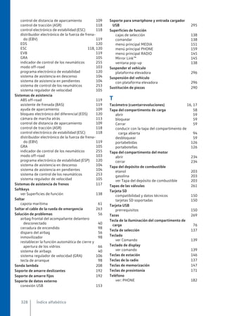 control de distancia de aparcamiento 109
control de tracción (ASR) 118
control electrónico de estabilidad (ESC) 118
distribuidor electrónico de la fuerza de frena-
do (EBV) 119
EDS 120
ESC 118, 120
EVB 119
GRA 105
indicador de control de los neumáticos 255
modo off-road 103
programa electrónico de estabilidad 120
sistema de asistencia en descenso 104
sistema de asistencia en pendientes 104
sistema de control de los neumáticos 253
sistema regulador de velocidad 105
Sistemas de asistencia
ABS off-road 119
asistente de frenada (BAS) 119
ayuda de aparcamiento 109
bloqueo electrónico del diferencial (EDS) 120
cámara de marcha atrás 113
control de distancia de aparcamiento 109
control de tracción (ASR) 118
control electrónico de estabilidad (ESC) 118
distribuidor electrónico de la fuerza de frena-
do (EBV) 119
GRA 105
indicador de control de los neumáticos 255
modo off-road 103
programa electrónico de estabilidad (ESP) 120
sistema de asistencia en descenso 104
sistema de asistencia en pendientes 104
sistema de control de los neumáticos 253
sistema regulador de velocidad 105
Sistemas de asistencia de frenos 117
Softkeys
ver Superficies de función 138
Soltar
capota marítima 61
Soltar el cable de la rueda de emergencia 263
Solución de problemas 56
airbag frontal del acompañante delantero
desconectado 40
cerradura de encendido 98
disparo del airbag 56
inmovilizador 98
restablecer la función automática de cierre y
apertura de los vidrios 66
sistema de airbags 40
sistema regulador de velocidad (GRA) 106
tecla de arranque 98
Sonda lambda 208
Soporte de amarre deslizantes 192
Soporte de amarre fijos 192
Soporte de datos externo
conexión USB 153
Soporte para smartphone y entrada cargador
USB 295
Superficies de función
cajas de selección 138
comandar 138
menú principal MEDIA 151
menú principal PHONE 159
menú principal RADIO 145
Mirror Link™ 145
ventana pop-up 138
Suspender el vehículo
plataforma elevadora 296
Suspensión del vehículo
con plataforma elevadora 296
Sustitución de piezas 290
T
Tacómetro (cuentarrevoluciones) 16, 17
Tapa del compartimento de carga 58
abrir 59
bloquear 59
Cerrar 59
conducir con la tapa del compartimento de
carga abierta 94
desbloquear 59
portabebidas 126
portabotellas 126
Tapa del compartimento del motor
abrir 234
cerrar 234
Tapa del depósito de combustible
etanol 203
gasolina 203
ver Tapa del depósito de combustible 203
Tapas de las válvulas 261
Tarjeta SD
compatibilidad y datos técnicos 150
tarjetas SD soportadas 150
Tarjeta USB
prerrequisitos 150
Tazas 269
Tecla de la iluminación del compartimento de
carga 76
Tecla de selección 137
Teclado
ver Comando 139
Teclado de display
ver comando 139
Teclas de estación 146
Teclas de la radio 137
Teclas de memorización 147
Teclas de presintonía 171
Teléfono
ver: PHONE 182
Índice alfabético
328
 
