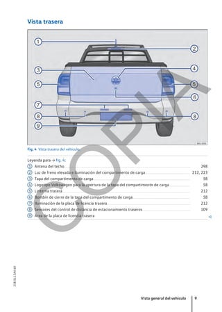 Vista trasera
Fig. 4 Vista trasera del vehículo.
Leyenda para → fig. 4:
Antena del techo...................................................................................................................................................... 298
Luz de freno elevada e iluminación del compartimento de carga..................................................... 212, 223
Tapa del compartimento de carga................................................................................................................... 58
Logotipo Volkswagen para la apertura de la tapa del compartimento de carga......................... 58
Linterna trasera........................................................................................................................................................ 212
Bombín de cierre de la tapa del compartimento de carga.................................................................... 58
Iluminación de la placa de licencia trasera................................................................................................... 212
Sensores del control de distancia de estacionamiento traseros......................................................... 109
Área de la placa de licencia trasera 
1
2
3
4
5
6
7
8
9
Vista general del vehículo 9
21B.5L1.SAV.60
C
O
P
I
A
 