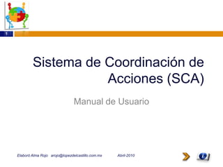 1




            Sistema de Coordinación de
                       Acciones (SCA)
                                   Manual de Usuario




    Elaboró Alma Rojo arojo@lopezdelcastillo.com.mx   Abril-2010
 
