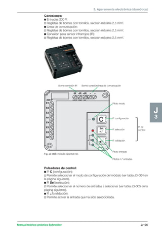 3. Aparamenta electrónica (domótica) 
Conexiones: 
c Entradas 230 V: 
v Regletas de bornes con tornillos, sección máxima 2,5 mm2. 
c Línea de comunicación: 
v Regletas de bornes con tornillos, sección máxima 2,5 mm2. 
c Conexión para sensor infrarrojos (IR): 
v Regletas de bornes con tornillos, sección máxima 2,5 mm2. 
P. de 
control 
Borne conexión IR Borne conexión línea de comunicación 
Piloto modo 
P. configuración 
P. selección 
P. validación 
Piloto entrada 
Pilotos n.º entradas 
IR -IR +IR – + 
Sel. 
n.º 
230 V marrón negro azul 
E1 
E2 
E3 
N1 
E4 
E5 
E6 
N2 
n.º E 
Manual teórico-práctico Schneider J/105 
J3 
C 
Fig. J3-003: módulo repartido 6E. 
Pulsadores de control: 
c P. C (configuración): 
v Permite seleccionar el modo de configuración del módulo (ver tabla J3-004 en 
la página siguiente). 
c P. Sel (selección): 
v Permite seleccionar el número de entradas a selecionar (ver tabla J3-005 en la 
página siguiente). 
c P. (validación): 
v Permite activar la entrada que ha sido seleccionada. 
 