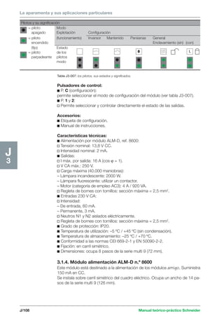 La aparamenta y sus aplicaciones particulares 
J/108 Manual teórico-práctico Schneider 
J3 
Tabla J3-007: los pilotos, sus estados y significados. 
Pulsadores de control: 
c P. C (configuración): 
permite seleccionar el modo de configuración del módulo (ver tabla J3-007). 
c P. 1 y 2: 
v Permite seleccionar y controlar directamente el estado de las salidas. 
Accesorios: 
c Etiqueta de configuración. 
c Manual de instrucciones. 
Características técnicas: 
c Alimentación por módulo ALM-D, ref. 8600: 
v Tensión nominal: 13,8 V CC. 
v Intensidad nominal: 2 mA. 
c Salidas: 
v I máx. por salida: 16 A (cos ϕ = 1). 
v V CA máx.: 250 V. 
v Carga máxima (40.000 maniobras): 
– Lámpara incandescente: 2000 W. 
– Lámpara fluorescente: utilizar un contactor. 
– Motor (categoría de empleo AC3): 4 A / 920 VA. 
v Regleta de bornes con tornillos: sección máxima = 2,5 mm2. 
c Entradas 230 V CA: 
v Intensidad: 
– De entrada, 60 mA. 
– Permanente, 3 mA. 
v Neutros N1 y N2 aislados eléctricamente. 
v Regleta de bornes con tornillos: sección máxima = 2,5 mm2. 
c Grado de protección: IP20. 
c Temperatura de utilización: –5 ºC / +45 ºC (sin condensación). 
c Temperatura de almacenamiento: –25 ºC / +70 ºC. 
c Conformidad a las normas CEI 669-2-1 y EN 50090-2-2. 
c Fijación: en carril simétrico. 
c Dimensiones: ocupa 8 pasos de la serie multi 9 (72 mm). 
3.1.4. Módulo alimentación ALM-D n.º 8600 
Este módulo está destinado a la alimentación de los módulos amigo. Suministra 
150 mA en CC. 
Se instala sobre carril simétrico del cuadro eléctrico. Ocupa un ancho de 14 pa-sos 
de la serie multi 9 (126 mm). 
Pilotos y su significación 
= piloto Modo 
apagado Explotación Configuración 
= piloto (funcionamiento) Inversor Mantenido Persianas General 
encendido Enclavamiento (sin) (con) 
(fijo) Estado 
= piloto de los 
parpadeante pilotos 
modo 
L 
 
