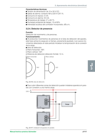 3. Aparamenta electrónica (domótica) 
Plano horizontal Plano vertical. 
180° 100° 
Fig. J3-016: área de detección. 
230 V 
L 
N 
L 
N 
Manual teórico-práctico Schneider J/117 
J3 
Características técnicas: 
c Tensión de alimentación de 10 a 30 V CC. 
c Salida de alarma: contacto NA a 220 V CA/1 A. 
c Consumo en reposo: 5 mA. 
c Consumo en alarma: 35 mA. 
c Temperatura de trabajo: 0° a 60 ºC. 
c Humedad ambiental de trabajo: 10 al 90%. 
c Intensidad acústica del zumbador incorporado: dB a m. 
3.2.4. Detector de presencia 
Función 
Detección de movimiento y de personas. 
Funcionamiento: 
c Al producirse movimientos de personas en el área de detección del aparato, 
éste hace activar la carga por un tiempo, previamente ajustado. Los nuevos mo-vimientos 
detectados en este período inicializan la temporización de la conexión 
de la carga. 
c Area de detección: 
v Plano horizontal: 180º. 
v Plano vertical: 100º. 
v Distancia de detección (dirección frontal): 12 m. 
c Para cubrir diferentes zonas de detección pueden instalarse aparatos en para-lelo 
con conexión a una misma carga. 
Fig. J3-017: instalación de aparatos en paralelo. 
Carga 
L 
N 
 