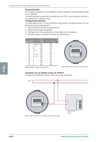 La aparamenta y sus aplicaciones particulares 
Tono N.º Posición Intensidad sonora 
interruptor (dB) a 1m (+/- 3 dB) 
01 Todos en ON 108 
02 1 y 6 ON 105 
03 8 ON 105 
04 2 y 3 ON 102 
05 5 ON 105 
06 1, 6 y 8 ON 105 
07 2, 3 y 5 ON 104 
08 1 ON 107 
09 2 ON 107 
10 7 ON 105 
11 4 ON 106 
ON 
Tabla J3-022: configuración de tonos. Fig. J3-023: interruptores de programación. 
J/120 Manual teórico-práctico Schneider 
H2 
1 
J3 
Funcionamiento 
Es un equipo adaptado a una instalación amigo, puede ser activada bajo la señal 
de un detector. 
La sirena acústica consta de una alimentación a 230 V que se puede conectar a 
una salida de un módulo amigo. 
Configuración del tono 
La sirena dispone de 11 tonos diferentes, que pueden ser seleccionados con los 
interruptores de programación. 
1.° Desconectar la tensión de alimentación. 
2.° Desmontar la tapa del aparato. 
3.° Configurar los interruptores de conformidad al tono deseado. 
4.° Montar la tapa y conectar la tensión de alimentación. 
Conexión con un módulo amigo ref. 8710/11 
Configurar la salida del módulo amigo en modo mantenido. 
Fig. J3-024: esquema de conexión en el sistema amigo. 
Módulos E/S 
amigo 
L 
N 
1 2 3 4 5 6 7 8 9 
230 V 
N 
L 
1 2 3 4 5 6 7 8 9 
N 
L 
 