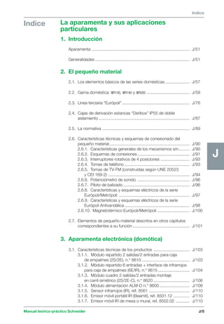 Indice La aparamenta y sus aplicaciones 
particulares 
Manual teórico-práctico Schneider 
J 
Indice 
J/5 
J 
1. Introducción 
Aparamenta .................................................................................... J/51 
Generalidades ................................................................................. J/51 
2. El pequeño material 
2.1. Los elementos básicos de las series domésticas ..................... J/57 
2.2. Gama doméstica: sm100, sm180 y sm200 ..................................... J/59 
2.3. Línea terciaria “Európoli” .......................................................... J/76 
2.4. Cajas de derivación estancas “Deribox” IP55 de doble 
aislamiento .............................................................................. J/87 
2.5. La normativa ........................................................................... J/89 
2.6. Características técnicas y esquemas de conexionado del 
pequeño material ..................................................................... J/90 
2.6.1. Características generales de los mecanismos sm ......... J/90 
2.6.2. Esquemas de conexiones............................................. J/91 
2.6.3. Interruptores rotativos de 4 posiciones ......................... J/93 
2.6.4. Tomas de teléfono ........................................................ J/93 
2.6.5. Tomas de TV-FM (construidas según UNE 20523 
y CEI 169-2) ...................................................................... J/94 
2.6.6. Potenciómetro de sonido ............................................. J/96 
2.6.7. Piloto de balizado ......................................................... J/96 
2.6.8. Características y esquemas eléctricos de la serie 
Európoli/Metrópoli ............................................................. J/97 
2.6.9. Características y esquemas eléctricos de la serie 
Európoli Antivandálica ........................................................ J/98 
2.6.10. Magnetotérmico Európoli/Metrópoli ............................ J/100 
2.7. Elementos de pequeño material descritos en otros capítulos 
correspondientes a su función ................................................. J/101 
3. Aparamenta electrónica (domótica) 
3.1. Características técnicas de los productos ............................... J/103 
3.1.1. Módulo repartido 2 salidas/2 entradas para caja 
de empalmes (2S/2E), n.° 8610 ......................................... J/103 
3.1.2. Módulo repartido 6 entradas + interface de infrarrojos 
para caja de empalmes (6E/IR), n.° 8615 ........................... J/104 
3.1.3. Módulo cuadro 2 salidas/2 entradas montaje 
en carril simétrico (2S/2E-C), n.° 8620 ............................... J/106 
3.1.4. Módulo alimentación ALM-D n.° 8600 .......................... J/108 
3.1.5. Sensor infrarrojos (IR), ref. 8561 ................................... J/110 
3.1.6. Emisor móvil portátil IR (Beamit), ref. 8501.12 .............. J/110 
3.1.7. Emisor móvil IR de mesa o mural, ref. 8502.02 ............ J/110 
 