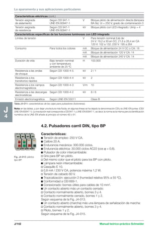 La aparamenta y sus aplicaciones particulares 
Características eléctricas (cont.) 
Tensión asignada Según CEI 947-1 V Bloque piloto de alimentación directa (lámpara 
de aislamiento UNE-EN 60947-1 BA 9s): Ui = 250 V, grado de contaminación 3 
Tensión asignada Según CEI 947-1 kV Bloque piloto con LED integrado: Uimp = 4 
de resistencia UNE-EN 60947-1 
Características específicas de las funciones luminosas con LED integrado 
Límites de tensión V Para tensión nominal (Ue) de: 
Tabla J4-011: características de las cajas para pulsadores (botoneras). 
J/142 Manual teórico-práctico Schneider 
J4 
Nota: en las tablas, y por dejar una lectura más fluida, en algunas líneas se ha dejado la denominación CEI y la UNE-EN juntas (CEI/ 
UNE-EN 60947-1). La inscripción real corresponde a CEI 947-1 y UNE-EN 60947-1, es decir, la norma es la misma pero la identificación 
numérica de la UNE-EN añade al principio el número 60 o 61. 
4.2. Pulsadores carril DIN, tipo BP 
Características: 
c Tensión de empleo: 250 V CA. 
c Calibre 20 A. 
c Endurancia mecánica: 300.000 ciclos. 
c Endurancia eléctrica: 30.000 ciclos AC22 (cos ϕ = 0,6). 
c Pulsador de color intercambiable: 
v Gris para BP sin piloto. 
v Del mismo color que el piloto para los BP con piloto. 
c Lámpara neón intercambiable: 
v Casquillo E 10. 
v 0,8 mA / 230 V CA, potencia máxima 1,2 W. 
v Tensión de cebado 60 V. 
c Tropicalización: ejecución 2 (humedad relativa 95% a 55 ºC). 
c Conformidad a CEI 669-1. 
c Conexionado: bornes útiles para cables de 10 mm2. 
c Un contacto abierto más un contacto cerrado: 
v Contacto normalmente abierto, bornes 3 y 4. 
v Contacto normalmente cerrado, bornes 1 y 2. 
Según esquema de la Fig. J4-013. 
c Un contacto abierto (marcha) más una lámpara de señalización de marcha: 
v Contacto normalmente abierto, bornes 3 y 4. 
v Piloto, bornes 1 y 2. 
Según esquema de la Fig. J4-015. 
Fig. J4-012: pilotos 
tipo BP. 
24 V: 19,2 a 30 en CC; 21,6 a 26,4 en CA 
120 V: 102 a 132; 230 V: 195 a 264 
Consumo Para todos los colores mA Bloque de alimentación 24 V CC o CA: 18 
mA Bloque de alimentación 120 V CA: 14 
mA Bloque de alimentación 240 V CA: 14 
Duración de vida Bajo tensión nominal H 100.000 
y con temperatura 
ambiente de 25 ºC 
Resistencia a las ondas Según CEI 1000-4-5 kV 2 / 1 
de choque 
Resistencia a los Según CEI 1000-4-4 kV 2 
transitorios rápidos 
Resistencia a los campos Según CEI 1000-4-3 V/m 10 
electromagnéticos 
Resistencia a las descargas Según CEI 1000-4-2 kV 8 / 6 
electrostáticas 
Emisión electromagnética Según UNE-EN 55011 Clase B 
 