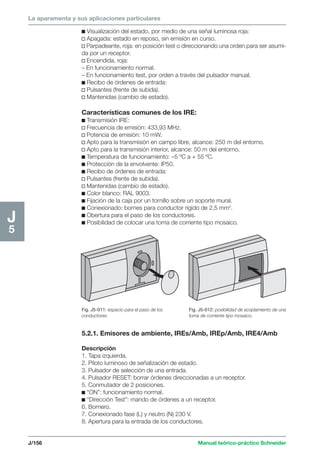 La aparamenta y sus aplicaciones particulares 
J/156 Manual teórico-práctico Schneider 
J5 
c Visualización del estado, por medio de una señal luminosa roja: 
v Apagada: estado en reposo, sin emisión en curso. 
v Parpadeante, roja: en posición test o direccionando una orden para ser asumi-da 
por un receptor. 
v Encendida, roja: 
– En funcionamiento normal. 
– En funcionamiento test, por orden a través del pulsador manual. 
c Recibo de órdenes de entrada: 
v Pulsantes (frente de subida). 
v Mantenidas (cambio de estado). 
Características comunes de los IRE: 
c Transmisión IRE: 
v Frecuencia de emisión: 433,93 MHz. 
v Potencia de emisión: 10 mW. 
v Apto para la transmisión en campo libre, alcance: 250 m del entorno. 
v Apto para la transmisión interior, alcance: 50 m del entorno. 
c Temperatura de funcionamiento: –5 ºC a + 55 ºC. 
c Protección de la envolvente: IP50. 
c Recibo de órdenes de entrada: 
v Pulsantes (frente de subida). 
v Mantenidas (cambio de estado). 
c Color blanco: RAL 9003. 
c Fijación de la caja por un tornillo sobre un soporte mural. 
c Conexionado: bornes para conductor rígido de 2,5 mm2. 
c Obertura para el paso de los conductores. 
c Posibilidad de colocar una toma de corriente tipo mosaico. 
Fig. J5-011: espacio para el paso de los Fig. J5-012: posibilidad de acoplamiento de una 
conductores. toma de corriente tipo mosaico. 
5.2.1. Emisores de ambiente, IREs/Amb, IREp/Amb, IRE4/Amb 
Descripción 
1. Tapa izquierda. 
2. Piloto luminoso de señalización de estado. 
3. Pulsador de selección de una entrada. 
4. Pulsador RESET: borrar órdenes direccionadas a un receptor. 
5. Conmutador de 2 posiciones. 
c “ON”: funcionamiento normal. 
c “Dirección Test”: mando de órdenes a un receptor. 
6. Bornero. 
7. Conexionado fase (L) y neutro (N) 230 V. 
8. Apertura para la entrada de los conductores. 
 