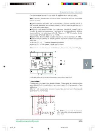 5. Aparamenta para telemando 
E BP 
X T P N 1 3 
CAOF 
Manual teórico-práctico Schneider J/165 
J5 
Permite visualizar la posición del gatillo de enclavamiento telemandado. 
Nota: un dispositivo de enclavamiento (ref. 26970), situado en la manecilla del aparato, permite fijar la 
posición de “abierto”. 
c (3) Acoplamiento mecánico con los accesorios: un orificio cubierto por un ta-pón 
extraíble permite el acoplamiento de los accesorios, bloque Vigi, relés MX o 
MN, en el lateral del aparato. 
c (4) Conectores desenchufables: dos conectores permiten la conexión de los 
circuitos de los contactos auxiliares integrados, de los de señalización del posi-cionamiento 
del interruptor automático O-F (bornes 11-12-14) y de las desco-nexiones 
por defecto S-D (bornes 15-16-18). 
c (5) Conector desenchufable para los circuitos de mando (bornes: X, T, P, N). 
c (6) Selector de la forma de mando: permite modificar la orden recibida en la 
entrada X: 
v La posición “a” ( ) para las órdenes mantenidas. 
v La posición “b” ( ) para el mando por impulsos. 
Nota: si el borne X no está cableado, el selector debe estar, forzosamente, en la posición “b” ( ). 
5 
1 
2 
6 
3 
4 
a 
b 
Fig. J5-026: carátula de los interruptores automáticos telemandados Réflex XC40. 
Conexionado 
Conexionado con conectores desenchufables. El telemando de los interruptores 
automáticos XC40 no puede funcionar si los bornes N, P y/o al menos X o T son 
cableados. 
El borne T solo puede recibir órdenes impulsionales, como el borne X solo puede 
recibir órdenes mantenidas. 
Fig. J5-027: esquema correcto de conexionado 
de los interruptores automáticos telemandados 
Réflex XC40. 
L 
N 
11 1412 15 16 18 2 4 
J5_164_165 165 15/11/05, 11:55 
 