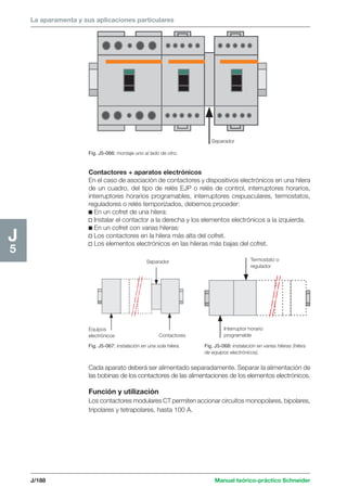 La aparamenta y sus aplicaciones particulares 
Fig. J5-066: montaje uno al lado de otro. 
Equipos 
electrónicos 
Fig. J5-067: instalación en una sola hilera. 
Separador 
J/188 Manual teórico-práctico Schneider 
J5 
Contactores + aparatos electrónicos 
En el caso de asociación de contactores y dispositivos electrónicos en una hilera 
de un cuadro, del tipo de relés EJP o relés de control, interruptores horarios, 
interruptores horarios programables, interruptores crepusculares, termostatos, 
reguladores o relés temporizados, debemos proceder: 
c En un cofret de una hilera: 
v Instalar el contactor a la derecha y los elementos electrónicos a la izquierda. 
c En un cofret con varias hileras: 
v Los contactores en la hilera más alta del cofret. 
v Los elementos electrónicos en las hileras más bajas del cofret. 
Separador 
Contactores 
Termostato o 
regulador 
Interruptor horario 
programable 
Fig. J5-068: instalación en varias hileras (hilera 
de equipos electrónicos). 
Cada aparato deberá ser alimentado separadamente. Separar la alimentación de 
las bobinas de los contactores de las alimentaciones de los elementos electrónicos. 
Función y utilización 
Los contactores modulares CT permiten accionar circuitos monopolares, bipolares, 
tripolares y tetrapolares, hasta 100 A. 
 