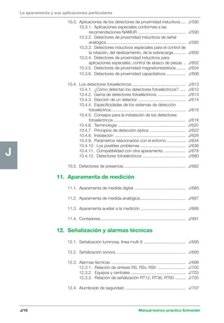 Manual teórico-práctico Schneider 
J 
La aparamenta y sus aplicaciones particulares 
J/10 
J 
10.3. Aplicaciones de los detectores de proximidad inductivos .... J/590 
10.3.1. Aplicaciones especiales conformes a las 
recomendaciones NAMUR ......................................... J/590 
10.3.2. Detectores de proximidad inductivos de señal 
analógica .................................................................... J/595 
10.3.3. Detectores inductivos especiales para el control de 
la rotación, del deslizamiento, de la sobrecarga .......... J/600 
10.3.4. Detectores de proximidad inductivos para 
aplicaciones especiales, control de atasco de piezas .. J/602 
10.3.5. Detectores de proximidad magnetorresistivos ........ J/604 
10.3.6. Detectores de proximidad capacitativos ................. J/606 
10.4. Los detectores fotoeléctricos .............................................. J/612 
10.4.1. ¿Cómo detectan los detectores fotoeléctricos? ..... J/612 
10.4.2. Gama de detectores fotoeléctricos ........................ J/613 
10.4.3. Elección de un detector ......................................... J/614 
10.4.4. Especificidades de los sistemas de detección 
fotoeléctrica ................................................................ J/616 
10.4.5. Consejos para la instalación de los detectores 
fotoeléctricos .............................................................. J/618 
10.4.6. Terminología .......................................................... J/620 
10.4.7. Principios de detección óptica ............................... J/622 
10.4.8. Instalación ............................................................. J/628 
10.4.9. Parámetros relacionados con el entorno ................ J/634 
10.4.10. Los posibles problemas ....................................... J/636 
10.4.11. Compatibilidad con otra aparamenta ................... J/678 
10.4.12. Detectores fotoeléctricos ..................................... J/680 
10.5. Detectores de presencia ..................................................... J/682 
11. Aparamenta de medición 
11.1. Aparamenta de medida digital ............................................ J/685 
11.2. Aparamenta de medida analógica ....................................... J/687 
11.3. Aparamenta auxiliar a la medición ....................................... J/689 
11.4. Contadores ......................................................................... J/691 
12. Señalización y alarmas técnicas 
12.1. Señalización luminosa, línea multi 9 .................................... J/695 
12.2. Señalización sonora ............................................................ J/695 
12.3. Alarmas técnicas ................................................................ J/696 
12.3.1. Relación de síntesis RS, RSv, RSh ........................ J/700 
12.3.2. Equipos y centrales ............................................... J/703 
12.3.3. Relación de señalización RT12, RT36, RT60 ......... J/705 
12.4. Alumbrado de seguridad .................................................... J/707 
 