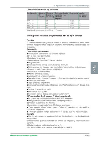 6. Aparamenta para el control del tiempo 
Designación Número Memoria Retroalumbrado Referencia Ancho 
de (número ausencia vac. en pasos 
canales de pasos) aleatorio de 9 mm 
impulso 
IHP 1c 1 28 15720 5 
IHP + 1c 1 42 x 15721 5 
IHP 2c 2 42 15722 5 
IHP + 2c 2 42 x 15723 5 
Tabla J6-042: características de los IHP de 1 y 2 canales. 
Manual teórico-práctico Schneider J/243 
J6 
Características IHP de 1 y 2 canales 
Interruptores horarios programables IHP de 3 y 4 canales 
Función 
El interruptor horario programable manda la apertura o el cierre de uno o varios 
circuitos independientes, según un programa memorizado y preestablecido por 
el usuario. 
Descripción 
Características comunes: 
c Visualización permanente por cristales líquidos: 
v De la hora y de los minutos. 
v Del día de la semana. 
v Del estado de conmutación de los canales. 
c Programación: 
c Intervalo mínimo entre 2 conmutaciones: 1 minuto. 
c Programación por bloques para conmutaciones repetitivas en la semana: 
v Para reducir el número de pasos utilizados. 
v Modificable individualmente. 
c Marcha forzada o parada. 
c Anticipación de una conmutación. 
c Borrado de una conmutación para modificación o anulación de una secuencia. 
c Contactos inversores. 
c Tapa giratoria y empotrable. 
c Instrucciones simplificadas integradas en el “portainstrucciones” debajo de la 
tapa. 
c Tensión: 230 V CA +/– 10 %. 
c Frecuencia: 50 a 60 Hz. 
c Conexión: bornes de caja para cables hasta 6 mm2. 
IHP semanal de 3 o 4 canales (7 días, impulsional): 
c Programación impulsional ajustable de 1 a 59 segundos. 
c Derogación/anulación momentánea de la programación: 
v Duración ajustable de 1 a 45 días. 
v Inmediata o programada hasta 21 días de antemano. 
c Paso manual a la hora “invierno-verano” efectuado por el usuario sin modifica-ción 
de los programas. 
c Precisión: base de tiempo de cuarzo +/– 1 s al día a 20 °C, no acumulable. 
Ejemplo: 
c Mando automático de señales acústicas, de alumbrado y de distribución de 
alimentación: 
v Una empresa quiere automatizar las sirenas de empezar y parar la actividad 
(canal 1). 
v El alumbrado de los locales (en el canal 2). 
v La alimentación del acuario de la entrada (en el canal 3). 
 