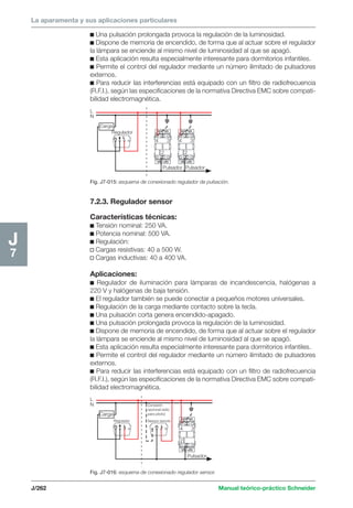 La aparamenta y sus aplicaciones particulares 
Carga 
Regulador 
4 3 4 3 
2 2 
Pulsador Pulsador 
L 
N 
L 
L 
N Conexión 
Carga 
Regulador 
4 3 
Pulsador 
2 
L 
opcional (sólo 
para piloto) 
Sensor remoto 
L 
J/262 Manual teórico-práctico Schneider 
J7 
c Una pulsación prolongada provoca la regulación de la luminosidad. 
c Dispone de memoria de encendido, de forma que al actuar sobre el regulador 
la lámpara se enciende al mismo nivel de luminosidad al que se apagó. 
c Esta aplicación resulta especialmente interesante para dormitorios infantiles. 
c Permite el control del regulador mediante un número ilimitado de pulsadores 
externos. 
c Para reducir las interferencias está equipado con un filtro de radiofrecuencia 
(R.F.I.), según las especificaciones de la normativa Directiva EMC sobre compati-bilidad 
electromagnética. 
Fig. J7-015: esquema de conexionado regulador de pulsación. 
7.2.3. Regulador sensor 
Características técnicas: 
c Tensión nominal: 250 VA. 
c Potencia nominal: 500 VA. 
c Regulación: 
v Cargas resistivas: 40 a 500 W. 
v Cargas inductivas: 40 a 400 VA. 
Aplicaciones: 
c Regulador de iluminación para lámparas de incandescencia, halógenas a 
220 V y halógenas de baja tensión. 
c El regulador también se puede conectar a pequeños motores universales. 
c Regulación de la carga mediante contacto sobre la tecla. 
c Una pulsación corta genera encendido-apagado. 
c Una pulsación prolongada provoca la regulación de la luminosidad. 
c Dispone de memoria de encendido, de forma que al actuar sobre el regulador 
la lámpara se enciende al mismo nivel de luminosidad al que se apagó. 
c Esta aplicación resulta especialmente interesante para dormitorios infantiles. 
c Permite el control del regulador mediante un número ilimitado de pulsadores 
externos. 
c Para reducir las interferencias está equipado con un filtro de radiofrecuencia 
(R.F.I.), según las especificaciones de la normativa Directiva EMC sobre compati-bilidad 
electromagnética. 
Fig. J7-016: esquema de conexionado regulador sensor. 
 