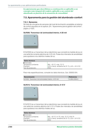 La aparamenta y sus aplicaciones particulares 
El SLR300 es un transmisor de luz electrónico que convierte la medida de lux en 
una señal de corriente eléctrica de 4-20 mA. Posee dos intervalos de sensibilidad 
para ajustarse a los distintos niveles de luz. 
Para más especificaciones, consulte los datos técnicos. Cat. 030003 I04. 
J/280 Manual teórico-práctico Schneider 
J7 
La aparamenta que describimos a continuación es aplicable a un 
concepto más integral del confort, aplicable a un control del 
alumbrado en función de la sensación de comodidad. 
7.5. Aparamenta para la gestión del alumbrado-confort 
7.5.1. Sensores 
Se trata de una gama de sensores del nivel de iluminación acoplables al sistema 
de confort expuesto en el capítulo J24. “Aparamenta para la gestión del confort”, 
página J/1025. 
SLR300. Transmisor de luminosidad interior, 4-20 mA 
Datos técnicos 
c Generales 
Temperatura ambiente: Mín. –20 °C, máx. 70 °C 
Precisión: ±5% a temp. ambiente de 25 °C y UG = 24 V CC 
Tipo de protección: IP30 
Denominación Referencia 
SLR300. Transmisor de luminosidad interior, 4-20 mA 0-069-2056-0 
SLR310. Transmisor de luminosidad interior, 0-10 V 
El SLR310 es un transmisor de luz electrónico que convierte la medida de lux en 
una señal de corriente eléctrica de 0-10 V. Posee dos intervalos de sensibilidad 
para ajustarse a los distintos niveles de luz. 
Datos técnicos 
c Generales 
Temperatura ambiente: Mín. –20 °C (–4 °F), máx. 70 °C (158 °F) 
Precisión: ±5% a temp. ambiente de 25 °C y UG = 24 V CC 
Tipo de protección: IP30 
 