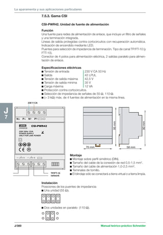 La aparamenta y sus aplicaciones particulares 
N P N P 
20006538 
230V 50Hz 12VA 
POWER SUPPLY 
ONLY FOR LINK POWER 
J/300 Manual teórico-práctico Schneider 
J7 
95 mm 
90 mm 
70 mm 58 mm 
LEXEL 
S N D 
CSI-PWR42 
TP/FT-10 
network 
230 V CA 
7.5.3. Gama CSI 
CSI-PWR42. Unidad de fuente de alimentación 
Función 
Una fuente para redes de alimentación de enlace, que incluye un filtro de señales 
y una terminación integrada. 
Líneas de salida protegidas contra cortocircuitos con recuperación automática. 
Indicación de encendido mediante LED. 
Puentes para selección de impedancia de terminación. Tipo de canal TP/FT-10 (y 
FTT-10). 
Conector de 4 polos para alimentación eléctrica, 2 salidas paralelo para alimen-tación 
de enlace. 
Especificaciones eléctricas 
c Tensión de entrada 230 V CA 50 Hz 
c Salida 42 LPUL 
c Tensión de salida máxima 42,5 V 
c Tensión de salida mínima 35 V 
c Carga máxima 12 VA 
c Protección contra cortocircuitos. 
c Selección de impedancia de señales de 55 Ω, 110 Ω. 
c ( 3 kΩ) máx. de 4 fuentes de alimentación en la misma línea. 
Montaje 
c Montaje sobre perfil simétrico (DIN). 
c Tamaño del cable de la conexión de red 0,5-1,5 mm2. 
c Tamaño del cable de alimentación 1,0-2,5 mm2. 
c Teminales de tornillo. 
c El blindaje sólo se conectará a tierra virtual o a tierra limpia. 
Instalación 
Posiciones de los puentes de impedancia: 
c Una unidad (55 Ω). 
c Dos unidades en paralelo (110 Ω). 
 