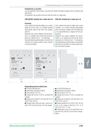 7. Aparamenta para el control de la iluminación 
Instalación y prueba 
Los pulsadores de prueba y de servicio están situados debajo de la cubierta roja 
del panel. 
El pulsador de prueba activa el relé durante un segundo. 
CSI-ZC4R. Unidad de 4 relés de 8 A - CSI-4R. Unidad de 4 relés de 4 A 
1 2 3 4 
1 2 3 4 
LEXEL 
Manual teórico-práctico Schneider J/305 
J7 
NETWORK 
CSI-ZC4R 
20006537 
4 RELAY UNIT 
400V/230Vac 50Hz, 230Vac 
4x4A RESISTIVE LOAD 
4x2A INDUCTIVE LOAD cos 
OR 
30Vdc 
4x2A L / R  7ms 
 = 0,4 
LEXEL 
m 
70 
A B A B 
NETWORK 
CSI-ZC4R 
20006537 
400V/230V~ 
230V~50Hz 4z8A, 
MAX TOTAL 15A 
4 RELAY UNIT 
M 
m 
70 
A B A B 
58 
90 
45 
Función 
Una unidad de relé de salida con cuatro 
relés de cruce cero. La unidad resulta 
adecuada para todo tipo de cargas 
de CA. 
Dispone de cuatro objetos de acciona-dor 
y un objeto de control de escenas 
para un máximo de 4 · 15 escenas. 
Características adicionales: el botón de 
servicio se puede utilizar para probar 
circuitos locales. 
Una unidad de relé de salida de cuatro 
canales. La unidad resulta adecuada 
para controlar cargas de CA resistivas 
y no capacitativas y cargas de CC pe-queñas. 
Dispone de cuatro objetos de accio-nador 
y un objeto de control de esce-nas 
para un máximo de 4 · 15 escenas. 
Características adicionales: el pulsador 
de servicio también se utiliza para pro-bar 
circuitos locales. 
Especificaciones eléctricas 
c 3120E3TM Neuron. 
c Velocidad del reloj 5 MHz. 
c Transceiver LPT-10. 
c Carga de la red 4 LPUL (unidad de 
carga). 
c Carga de contacto nominal de 8 A a 
230 V CA, 50 Hz. 
c Carga total continua máx., de la uni-dad 
16 A (suma de las 4 In de carga). 
c 3120E3TM Neuron. 
c Velocidad del reloj 5 MHz. 
c Transceiver LPT-10. 
c Carga de la red 4 LPUL (unidad de 
carga). 
c Carga de contacto nominal de 4 A a 
230 V CA, 50 Hz. 
c Carga resistiva 2 A, 230 V CA, 50 Hz 
cos  de carga inductiva 0,4; 2 A 
30 V CC L/R  7 ms. 
c Obsérvese que no se permiten car-gas 
de CA y de CC en el mismo dispo-sitivo. 
 