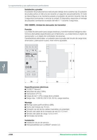 La aparamenta y sus aplicaciones particulares 
Instalación y prueba 
El pulsador de prueba/servicio está situado debajo de la cubierta roja. El pulsador 
de prueba activa un relé a la vez durante un segundo secuencialmente. El nodo 
se desconfigura si se mantiene pulsado el pulsador de servicio durante más de 
3 segundos al encender o reiniciar la unidad. El dispositivo responde al mensaje 
de parpadeo cambiando el estado del relé n.o 1 durante 3 segundos. 
J/308 Manual teórico-práctico Schneider 
J7 
A B 
CSI-1000RC 
20006932 
230V~50Hz 40-1000W 
CAJA 
PANEL FRONTAL 
A B 
LEXEL 
35 
N X 
58 
90 
45 
CSI-1000RC. Unidad de atenuador de transistor 
Función 
La unidad de atenuador para cargas resistivas y transformadores halógenos elec-trónicos 
atenuables especificados por el fabricante. La unidad tiene un objeto de 
seccionador y un objeto de controlador de escenas. 
Características adicionales: un pulsador para la prueba del circuito de carga local, 
arrancador y atenuación suave, nivel mínimo ajustable. 
Especificaciones eléctricas 
c 3120E3TM Neuron®. 
c Velocidad de reloj 5 MHz. 
c Transceiver LPT-10. 
c Carga de red 1 LPUL (carga de la unidad). 
c Carga máx. 1.000 W, 230 V CA, 50 Hz, carga resistiva. 
Montaje 
c Montaje sobre perfil simétrico (DIN). 
c Ancho del módulo de 70 mm. 
c Conexión de red de los cables insensible a la polaridad. 
c Tamaño del cable de la conexión de red 0,5-1,5 mm2. 
c Tamaño del cable de carga 1,0-2,5 mm2. 
c Terminales de tornillo. 
Instalación 
c Instalación de pin de servicio. 
c Interoperabilidad con LonMark® versión 3.2. 
 