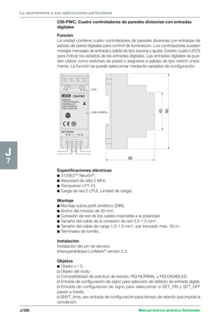 La aparamenta y sus aplicaciones particulares 
CSI-PWC. Cuatro controladores de paredes divisorias con entradas 
digitales 
Función 
La unidad contiene cuatro controladores de paredes divisorias con entradas de 
estado de pared digitales para control de iluminación. Los controladores pueden 
manejar mensajes de entrada y salida de tipo escena y ajuste. Existen cuatro LED’s 
para indicar los estados de las entradas digitales. Las entradas digitales se pue-den 
utilizar como switches de pared o asignarse a salidas de tipo switch única-mente. 
La función se puede seleccionar mediante variables de configuración. 
1 2 3 4 
J/336 Manual teórico-práctico Schneider 
J7 
58 90 
45 
A B 
CSI-PWC 
20006534 
4 PARTITION WALL 
CONTROLLER 
FOR POTENTIAL 
FREE CONTACS 
CAJA 
PANEL FRONTAL 
A B 
LEXEL 
NETWORK 
Especificaciones eléctricas 
c 3120E3TM Neuron®. 
c Velocidad de reloj 5 MHz. 
c Transceiver LPT-10. 
c Carga de red 2 LPUL (unidad de carga). 
Montaje 
c Montaje sobre perfil simétrico (DIN). 
c Ancho del módulo de 35 mm. 
c Conexión de red de los cables insensible a la polaridad. 
c Tamaño del cable de la conexión de red 0,5-1,5 mm2. 
c Tamaño del cable de carga 1,0-1,5 mm2, par trenzado máx. 50 m. 
c Terminales de tornillo. 
Instalación 
Instalación del pin de servicio. 
Interoperabilidad LonMark® versión 3.2. 
Objetos 
c Objeto n.o 0: 
v Objeto del nodo. 
v Compatibilidad de solicitud de estado: RQ-NORMAL y RQ-DISABLED. 
v Entrada de configuración de signo para selección de defecto de entrada digital. 
v Entrada de configuración de signo para seleccionar si SET_ON y SET_OFF 
pasan a través. 
v SNVT_time_sec entrada de configuración para tiempo de retardo que impide la 
circulación. 
 