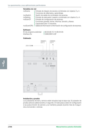 La aparamenta y sus aplicaciones particulares 
J/346 Manual teórico-práctico Schneider 
J7 
Variables de red 
nviScene Entrada de disparo de escena combinada con objetos 3 y 4. 
Funciones de rellamada y aprendizaje. 
nvoSwitch Switch de salida de controlador de escenas. 
nviSetting Entrada de atenuador maestro combinada con objetos 3 y 4. 
nviScenCf Entrada de configuración de escenas. 
Funciones guardar, borrar, informar, tamaño y liberar. 
Capacidad para 15 escenas. 
nvoScenCfFb Salida de información e información de configuración de escenas. 
Software 
ID de programa estándar 90:00:06:1E:14:06:04:0A 
Interface Nv CSIE2DM10.XIF 
Cableado 
LINK 
A B 
N 2 1 L 
SERVICE 
230 V CA N 
L 
DIMMER 
OUT 2 
DIMMER 
OUT 1 
Instalación y prueba 
Los pulsadores de test y servicio están situados bajo la tapa roja. El pulsador de 
prueba activa la salida durante un segundo. El nodo pasa a estar sin configuración 
si se pulsa el botón de servicio y se mantiene pulsado durante más de 3 segun-dos 
al encender o reiniciar. 
 