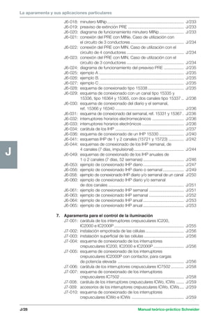 Manual teórico-práctico Schneider 
La aparamenta y sus aplicaciones particulares 
J/28 
J 
J6-018: minutero MINp .................................................................. J/233 
J6-019: preaviso de extinción PRE ................................................ J/233 
J6-020: diagrama de funcionamiento minutero MINp ..................... J/233 
J6-021: conexión del PRE con MINe. Caso de utilización con 
el circuito de 3 conductores .............................................. J/234 
J6-022: conexión del PRE con MIN. Caso de utilización con el 
circuito de 4 conductores ................................................. J/234 
J6-023: conexión del PRE con MIN. Caso de utilización con el 
circuito de 3 conductores ................................................. J/234 
J6-024: diagrama de funcionamiento del preaviso PRE ................. J/235 
J6-025: ejemplo A ......................................................................... J/235 
J6-026: ejemplo B. ........................................................................ J/235 
J6-027: ejemplo C ......................................................................... J/235 
J6-028: esquema de conexionado tipo 15338 ............................... J/235 
J6-029: esquema de conexionado con un canal tipo 15335 y 
15336, tipo 16364 y 15365, con dos canales tipo 15337 .. J/236 
J6-030: esquema de conexionado del diario y el semanal, 
ref. 15366 y 16340 ........................................................... J/236 
J6-031: esquema de conexionado del semanal, ref. 15331 y 15367 . J/236 
J6-032: interruptores horarios electromecánicos ........................... J/236 
J6-033: interruptores horarios electrónicos .................................... J/236 
J6-034: carátula de los IHP ........................................................... J/237 
J6-036: esquema de conexionado de un IHP 15330 ..................... J/240 
J6-041: esquemas IHP de 1 y 2 canales (15721 y 15723) ............. J/242 
J6-044: esquemas de conexionado de los IHP semanal, de 
4 canales (7 días, impulsional) ........................................... J/244 
J6-049: esquemas de conexionado de los IHP anuales de 
1 o 2 canales (7 días, 52 semanas) ................................... J/246 
J6-053: ejemplo de conexionado IHP diario ................................... J/247 
J6-056: ejemplo de conexionado IHP diario o semanal .................. J/249 
J6-058: ejemplo de conexionado IHP diario y/o semanal de un canal J/250 
J6-060: ejemplo de conexionado IHP diario y/o semanal 
de dos canales ................................................................. J/251 
J6-061: ejemplo de conexionado IHP semanal .............................. J/251 
J6-063: ejemplo de conexionado IHP semanal .............................. J/252 
J6-064: ejemplo de conexionado IHP anual ................................... J/253 
J6-065: ejemplo de conexionado IHP anual ................................... J/253 
7. Aparamenta para el control de la iluminación 
J7-001: carátula de los interruptores crepusculares IC200, 
IC2000 e IC2000P ............................................................ J/255 
J7-002: instalación empotrada de las células ................................. J/256 
J7-003: instalación superficial de las células .................................. J/256 
J7-004: esquema de conexionado de los interruptores 
crepusculares IC200, IC2000 e IC2000P .......................... J/256 
J7-005: esquema de conexionado de los interruptores 
crepusculares IC2000P con contactor, para cargas 
de potencia elevada ......................................................... J/256 
J7-006: carátula de los interruptores crepusculares IC7502 ........... J/258 
J7-007: esquema de conexionado de los interruptores 
crepusculares IC7502 ....................................................... J/258 
J7-008: carátula de los interruptores crepusculares ICWo, ICWs ....... J/259 
J7-009: accesorios de los interruptores crepusculares ICWo, ICWs.... J/259 
J7-010: esquema de conexionado de los interruptores 
crepusculares ICWo e ICWs ............................................. J/259 
 