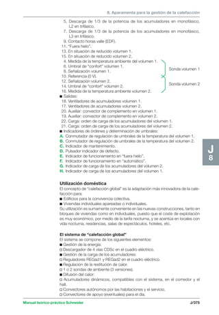 8. Aparamenta para la gestión de la calefacción 
Sonda volumen 1 
Sonda volumen 2 
Manual teórico-práctico Schneider J/375 
J8 
5. Descarga de 1/3 de la potencia de los acumuladores en monofásico, 
L2 en trifásico. 
7. Descarga de 1/3 de la potencia de los acumuladores en monofásico, 
L3 en trifásico. 
9. Contacto horas valle (EDF). 
11. “Fuera hielo”. 
13. En situación de reducido volumen 1. 
15. En situación de reducido volumen 2. 
4. Medida de la temperatura ambiente del volumen 1. 
6. Umbral de “confort” volumen 1. 
8. Señalización volumen 1. 
10. Referencia (0 V). 
12. Señalización volumen 2. 
14. Umbral de “confort” volumen 2. 
16. Medida de la temperatura ambiente volumen 2. 
c Salidas: 
18. Ventiladores de acumuladores volumen 1. 
17. Ventiladores de acumuladores volumen 2. 
20. Auxiliar: convector de complemento en volumen 1. 
19. Auxiliar: convector de complemento en volumen 2. 
22. Carga: orden de carga de los acumuladores del volumen 1. 
21. Carga: orden de carga de los acumuladores del volumen 2. 
c Indicadores de órdenes y determinación de umbrales: 
A. Conmutador de regulación de umbrales de la temperatura del volumen 1. 
B. Conmutador de regulación de umbrales de la temperatura del volumen 2. 
C. Indicador de mantenimiento. 
D. Pulsador indicador de defecto. 
E. Indicador de funcionamiento en “fuera hielo”. 
F. Indicador de funcionamiento en “automático”. 
G. Indicador de carga de los acumuladores del volumen 2. 
H. Indicador de carga de los acumuladores del volumen 1. 
Utilización doméstica 
El concepto de “calefacción global” es la adaptación más innovadora de la cale-facción 
para: 
c Edificios para la convivencia colectiva. 
c Viviendas individuales apareadas o individuales. 
Su utilización es sumamente conveniente en las nuevas construcciones, tanto en 
bloques de viviendas como en individuales, puesto que el coste de explotación 
es muy económico, por medio de la tarifa nocturna, y se acentúa en locales con 
vida nocturna, residencias, salas de espectáculos, hoteles, etc. 
El sistema de “calefacción global” 
El sistema se compone de los siguientes elementos: 
c Gestión de la energía: 
v Descargador de 4 vías CDSc en el cuadro eléctrico. 
c Gestión de la carga de los acumuladores: 
v Reguladores REGad1 y REGad2 en el cuadro eléctrico. 
c Regulación de la restitución de calor. 
v 1 o 2 sondas de ambiente (3 versiones). 
c Difusión del calor: 
v Acumuladores dinámicos, compatibles con el sistema, en el comedor y el 
hall. 
v Convectores autónomos por las habitaciones y el servicio. 
v Convectores de apoyo (eventuales) para el día. 
 