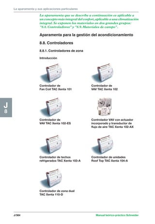 La aparamenta y sus aplicaciones particulares 
Controlador de techos 
refrigerados TAC Xenta 103-A 
J/384 Manual teórico-práctico Schneider 
J8 
La aparamenta que se describe a continuación es aplicable a 
un concepto más integral del confort, aplicable a una climatización 
integral. Se exponen los materiales en dos grandes grupos: 
“8.8. Controladores” y “8.9. Materiales de campo”. 
Aparamenta para la gestión del acondicionamiento 
8.8. Controladores 
8.8.1. Controladores de zona 
Introducción 
Controlador de 
Fan Coil TAC Xenta 101 
Controlador de unidades 
Roof Top TAC Xenta 104-A 
Controlador de zona dual 
TAC Xenta 110-D 
Controlador VAV con actuador 
incorporado y transductor de 
flujo de aire TAC Xenta 102-AX 
Controlador de 
VAV TAC Xenta 102-ES 
Controlador de 
VAV TAC Xenta 102 
 