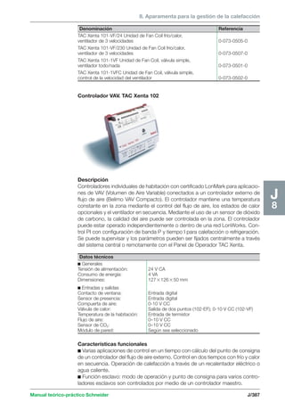 8. Aparamenta para la gestión de la calefacción 
Denominación Referencia 
TAC Xenta 101-VF/24 Unidad de Fan Coil frío/calor, 
ventilador de 3 velocidades 0-073-0505-0 
TAC Xenta 101-VF/230 Unidad de Fan Coil frío/calor, 
ventilador de 3 velocidades 0-073-0507-0 
TAC Xenta 101-1VF Unidad de Fan Coil, válvula simple, 
ventilador todo/nada 0-073-0501-0 
TAC Xenta 101-1VFC Unidad de Fan Coil, válvula simple, 
control de la velocidad del ventilador 0-073-0502-0 
Descripción 
Controladores individuales de habitación con certificado LonMark para aplicacio-nes 
de VAV (Volumen de Aire Variable) conectados a un controlador externo de 
flujo de aire (Belimo VAV Compacto). El controlador mantiene una temperatura 
constante en la zona mediante el control del flujo de aire, los estados de calor 
opcionales y el ventilador en secuencia. Mediante el uso de un sensor de dióxido 
de carbono, la calidad del aire puede ser controlada en la zona. El controlador 
puede estar operado independientemente o dentro de una red LonWorks. Con-trol 
PI con configuración de banda P y tiempo I para calefacción o refrigeración. 
Se puede supervisar y los parámetros pueden ser fijados centralmente a través 
del sistema central o remotamente con el Panel de Operador TAC Xenta. 
Manual teórico-práctico Schneider J/387 
J8 
Controlador VAV. TAC Xenta 102 
Datos técnicos 
c Generales 
Tensión de alimentación: 24 V CA 
Consumo de energía: 4 VA 
Dimensiones: 12712650 mm 
c Entradas y salidas 
Contacto de ventana: Entrada digital 
Sensor de presencia: Entrada digital 
Compuerta de aire: 0-10 V CC 
Válvula de calor: Salida de dos puntos (102-EF); 0-10 V CC (102-VF) 
Temperatura de la habitación: Entrada de termistor 
Flujo de aire: 0–10 V CC 
Sensor de CO2: 0–10 V CC 
Módulo de pared: Según sea seleccionado 
Características funcionales 
c Varias aplicaciones de control en un tiempo con cálculo del punto de consigna 
de un controlador del flujo de aire externo. Control en dos tiempos con frío y calor 
en secuencia. Operación de calefacción a través de un recalentador eléctrico o 
agua caliente. 
c Función esclavo: modo de operación y punto de consigna para varios contro-ladores 
esclavos son controlados por medio de un controlador maestro. 
 