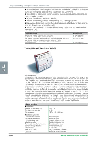 La aparamenta y sus aplicaciones particulares 
Denominación Referencia 
TAC Xenta 102-B Controlador para VAV 0-073-0531-0 
TAC Xenta 102-EF Controlador para VAV, recalentado eléctrico 0-073-0533-0 
TAC Xenta 102-VF Controlador para VAV, válvula de 
recalentamiento 0-073-0535-0 
Descripción 
Controlador individual de habitación para aplicaciones de VAV (Volumen de flujo de 
Aire Variable) con certificado LonMark conectado a un sensor externo de flujo 
de aire (TAC GV). El controlador está pensado principalmente para aplicaciones 
de volumen de aire variable para frío con uno o dos estados de recalentamiento. 
El controlador mantiene una temperatura constante en la zona mediante el con-trol 
de los estados de flujo de aire y calor. La calidad del aire puede ser controlada 
en la zona mediante la utilización de un sensor de dióxido de carbono. El contro-lador 
puede operar independientemente o dentro de una red LonWorks. Control 
PI con configuración de banda P y tiempo I para calefacción o refrigeración. Se 
puede supervisar y los parámetros pueden ser fijados centralmente a través del 
sistema central o remotamente con el Panel de Operador TAC Xenta. 
J/388 Manual teórico-práctico Schneider 
J8 
c Ajuste del punto de consigna: a través del módulo de pared con ajuste del 
punto de consigna o a través de la variable de red LonWorks. 
c Siete tipos de operación: confort, espera, puente, desocupado, apagado, es-clavo 
y modo purgador. 
c Ajustes basados en la calidad del aire. 
c Valores límite configurables: límites MÍN. y MÁX. del flujo de aire. 
c Supervisión de alarmas: temperatura de la habitación alta o baja, ventana abierta, 
error en el sensor de temperatura, etc. 
c Sensor de presencia, contacto de ventana y protección sobreenfriamiento, 
medida de CO2. 
Controlador VAV. TAC Xenta 102-ES 
Datos técnicos 
c Generales 
Tensión de alimentación: 24 V CA 
Consumo de energía: 4 VA 
Dimensiones: 12712650 mm 
c Entradas y salidas 
Contacto de ventana: Entrada digital 
Sensor de presencia: Entrada digital 
Compuerta de aire: Salida de tres puntos 
Válvula de calor: Salida de tres puntos 
Temperatura de la habitación: Entrada de termistor 
Sensor de flujo de aire: Conexión de tubo 
Sensor de CO2: 0-10 V CC 
Módulo de pared: Según sea seleccionado 
Opcional: Entrada de temperatura 
 