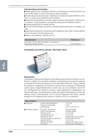 La aparamenta y sus aplicaciones particulares 
J/390 Manual teórico-práctico Schneider 
J8 
Características funcionales 
c Varias aplicaciones: controlador VAV de un único tiempo a través del sensor de 
flujo de aire interno y calor en secuencia hasta 3 estados. 
c Ajuste del punto de consigna: mediante los módulos de pared STR200, 202 o 
250, o a través de la variable de red LonWorks. 
c Siete tipos de operación: ocupado, espera, puente, desocupado, calentamien-to 
matutino, modo purgador y emergencia presurización/despresurización. 
c Ajustes basados en la calidad del aire. 
c El control del ventilador puede ser activado/desactivado bien en paralelo o en 
serie. 
c Supervisión de alarmas: temperatura de la habitación alta o baja, ventana abierta, 
error en el sensor de temperatura, etc. 
c Sensor de presencia, medida de CO2. 
Denominación Referencia 
TAC Xenta 102-AX VAV Controlador con actuador y 
transductor del flujo de aire 0-073-0540-0 
Controlador para techo enfriado. TAC Xenta 103-A 
Descripción 
Controlador individual de habitación para aplicaciones de techo enfriado con cer-tificado 
LonMark. El controlador mantiene una temperatura constante mediante 
la modulación del flujo de agua fría en los elementos del techo, el agua caliente 
fluye hacia los radiadores y el aire fluye a través de la compuerta. El controlador 
puede operar independientemente o dentro de una red LonWorks. Control PI 
con configuración de banda P y tiempo I para calefacción o refrigeración. Se 
puede supervisar y los parámetros pueden ser fijados centralmente a través del 
sistema central o remotamente con el Panel de Operador TAC Xenta. Ajustes 
basados en la calidad del aire cuando un sensor de CO2 es conectado. 
Datos técnicos 
c Generales Tensión de alimentación: 24 V CA 
Consumo de energía: 4 VA 
Dimensiones: 12712650 mm 
c Entradas y salidas Contacto de ventana: Entrada digital 
Sensor de presencia: Entrada digital 
Válvula de frío: 0-10 V CC 
Compuerta de aire: 0-10 V CC 
Válvula de calor: Salida triac de tres puntos 
Temperatura de la habitación: Entrada de termistor 
Sensor de CO2: 0-10 V CC 
Módulo de pared: Según sea seleccionado 
Opcional: Entrada de temperatura 
 