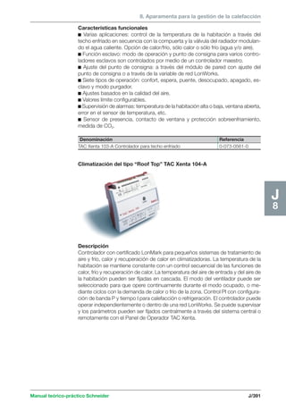 8. Aparamenta para la gestión de la calefacción 
Características funcionales 
c Varias aplicaciones: control de la temperatura de la habitación a través del 
techo enfriado en secuencia con la compuerta y la válvula del radiador modulan-do 
el agua caliente. Opción de calor/frío, sólo calor o sólo frío (agua y/o aire). 
c Función esclavo: modo de operación y punto de consigna para varios contro-ladores 
esclavos son controlados por medio de un controlador maestro. 
c Ajuste del punto de consigna: a través del módulo de pared con ajuste del 
punto de consigna o a través de la variable de red LonWorks. 
c Siete tipos de operación: confort, espera, puente, desocupado, apagado, es-clavo 
y modo purgador. 
c Ajustes basados en la calidad del aire. 
c Valores límite configurables. 
c Supervisión de alarmas: temperatura de la habitación alta o baja, ventana abierta, 
error en el sensor de temperatura, etc. 
c Sensor de presencia, contacto de ventana y protección sobreenfriamiento, 
medida de CO2. 
J8 Denominación Referencia 
TAC Xenta 103-A Controlador para techo enfriado 0-073-0561-0 
Climatización del tipo “Roof Top” TAC Xenta 104-A 
Descripción 
Controlador con certificado LonMark para pequeños sistemas de tratamiento de 
aire y frío, calor y recuperación de calor en climatizadoras. La temperatura de la 
habitación se mantiene constante con un control secuencial de las funciones de 
calor, frío y recuperación de calor. La temperatura del aire de entrada y del aire de 
la habitación pueden ser fijadas en cascada. El modo del ventilador puede ser 
seleccionado para que opere continuamente durante el modo ocupado, o me-diante 
ciclos con la demanda de calor o frío de la zona. Control PI con configura-ción 
de banda P y tiempo I para calefacción o refrigeración. El controlador puede 
operar independientemente o dentro de una red LonWorks. Se puede supervisar 
y los parámetros pueden ser fijados centralmente a través del sistema central o 
remotamente con el Panel de Operador TAC Xenta. 
Manual teórico-práctico Schneider J/391 
 