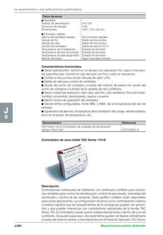 La aparamenta y sus aplicaciones particulares 
Datos técnicos 
c Generales 
Tensión de alimentación: 24 V CA 
Consumo de energía: 4 VA 
Dimensiones: 12612250 mm 
c Entradas y salidas 
Alarma del ventilador/estado: Dos entradas digitales 
Válvula de frío: Salida de tres puntos 
Válvula de calor: Salida de tres puntos 
Control del ventilador: Salida de relé 24 V/2 A 
Temperatura de la habitación: Entrada de termistor 
Temperatura del aire de entrada: Entrada de termistor 
Temperatura de descarga/mixta: Entrada de termistor 
Módulo de pared: Según sea seleccionado 
J/392 Manual teórico-práctico Schneider 
J8 
Características funcionales 
c Varias aplicaciones: control en un tiempo con operación frío, calor o intercam-bio 
para frío/calor. Control en dos tiempos con frío y calor en secuencia. 
c Control a tres puntos de las válvulas de calor y frío. 
c Salida de relé para control de ventilador. 
c Ajuste del punto de consigna: a través del módulo de pared con ajuste del 
punto de consigna o a través de la variable de red LonWorks. 
c Varios modos de operación: sólo calor, sólo frío, sólo ventilador, frío/calor (inter-cambio), 
encendido, desocupado, espera y puente. 
c Varios modos de operación del ventilador. 
c Valores límite configurables: límite MÍN. y MÁX. de la temperatura del aire de 
entrada. 
c Supervisión de alarmas: temperatura de la habitación alta o baja, ventana abierta, 
error en el sensor de temperatura, etc. 
Denominación Referencia 
TAC Xenta 104-A Controlador de unidades de climatización 
del tipo “Roof Top” 0-073-0591-0 
Controlador de zona doble TAC Xenta 110-D 
Descripción 
Controladores individuales de habitación con certificado LonMark para solucio-nes 
rentables para control de climatización, control de alumbrado, intensidad del 
alumbrado y control de las ventanas. Siete perfiles LonMark están disponibles 
para varias aplicaciones. La configuración de éstos como controladores maestro 
o esclavo significa que los requerimientos de la zona/grupo pueden ser genera-dos 
y que pueden interactuar con controladores adicionales de la familia TAC 
Xenta 100. El controlador puede operar independientemente o dentro de una red 
LonWorks. Se puede supervisar y los parámetros pueden ser fijados centralmente 
a través del sistema central, o remotamente con el Panel de Operador TAC Xenta. 
 