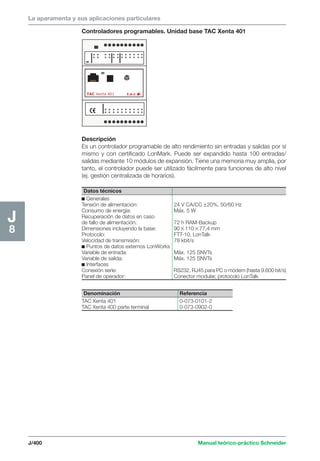 La aparamenta y sus aplicaciones particulares 
TAC Xenta 401 t.a.c 
Datos técnicos 
c Generales 
Tensión de alimentación: 24 V CA/CC ±20%, 50/60 Hz 
Consumo de energía: Máx. 5 W 
Recuperación de datos en caso 
de fallo de alimentación: 72 h RAM-Backup 
Dimensiones incluyendo la base: 9011077,4 mm 
Protocolo: FTT-10, LonTalk 
Velocidad de transmisión: 78 kbit/s 
c Puntos de datos externos LonWorks 
Variable de entrada: Máx. 125 SNVTs 
Variable de salida: Máx. 125 SNVTs 
c Interfaces 
Conexión serie: RS232, RJ45 para PC o módem (hasta 9.600 bit/s) 
Panel de operador: Conector modular, protocolo LonTalk 
J/400 Manual teórico-práctico Schneider 
J8 
Controladores programables. Unidad base TAC Xenta 401 
Descripción 
Es un controlador programable de alto rendimiento sin entradas y salidas por sí 
mismo y con certificado LonMark. Puede ser expandido hasta 100 entradas/ 
salidas mediante 10 módulos de expansión. Tiene una memoria muy amplia, por 
tanto, el controlador puede ser utilizado fácilmente para funciones de alto nivel 
(ej. gestión centralizada de horarios). 
Denominación Referencia 
TAC Xenta 401 0-073-0101-2 
TAC Xenta 400 parte terminal 0-073-0902-0 
 