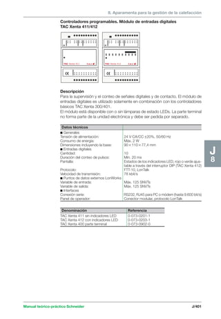 8. Aparamenta para la gestión de la calefacción 
TAC Xenta 411 t.a.c TAC Xenta 412 t.a.c 
Manual teórico-práctico Schneider J/401 
J8 
Controladores programables. Módulo de entradas digitales 
TAC Xenta 411/412 
Descripción 
Para la supervisión y el conteo de señales digitales y de contacto. El módulo de 
entradas digitales es utilizado solamente en combinación con los controladores 
básicos TAC Xenta 300/401. 
El módulo está disponible con o sin lámparas de estado LEDs. La parte terminal 
no forma parte de la unidad electrónica y debe ser pedida por separado. 
Datos técnicos 
c Generales 
Tensión de alimentación: 24 V CA/CC ±20%, 50/60 Hz 
Consumo de energía: Máx. 2 W 
Dimensiones incluyendo la base: 9011077,4 mm 
c Entradas digitales 
Cantidad: 10 
Duración del conteo de pulsos: Mín. 20 ms 
Pantalla: Estados de los indicadores LED, rojo o verde ajus-table 
a través del interruptor DIP (TAC Xenta 412) 
Protocolo: FTT-10, LonTalk 
Velocidad de transmisión: 78 kbit/s 
c Puntos de datos externos LonWorks 
Variable de entrada: Máx. 125 SNVTs 
Variable de salida: Máx. 125 SNVTs 
c Interfaces 
Conexión serie: RS232, RJ45 para PC o módem (hasta 9.600 bit/s) 
Panel de operador: Conector modular, protocolo LonTalk 
Denominación Referencia 
TAC Xenta 411 sin indicadores LED 0-073-0201-1 
TAC Xenta 412 con indicadores LED 0-073-0203-1 
TAC Xenta 400 parte terminal 0-073-0902-0 
 