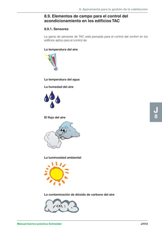 8. Aparamenta para la gestión de la calefacción 
La temperatura del aire 
La luminosidad ambiental 
La contaminación de dióxido de carbono del aire 
Manual teórico-práctico Schneider J/413 
J8 
8.9. Elementos de campo para el control del 
acondicionamiento en los edificios TAC 
8.9.1. Sensores 
La gama de sensores de TAC está pensada para el control del confort en los 
edificios aptos para el control de: 
La temperatura del agua 
La humedad del aire 
El flujo del aire 
CO2 
 