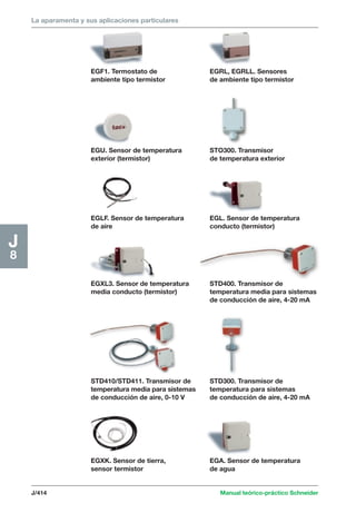 La aparamenta y sus aplicaciones particulares 
J/414 Manual teórico-práctico Schneider 
J8 
STD400. Transmisor de 
temperatura media para sistemas 
de conducción de aire, 4-20 mA 
EGXL3. Sensor de temperatura 
media conducto (termistor) 
EGL. Sensor de temperatura 
conducto (termistor) 
EGLF. Sensor de temperatura 
de aire 
STO300. Transmisor 
de temperatura exterior 
EGU. Sensor de temperatura 
exterior (termistor) 
EGRL, EGRLL. Sensores 
de ambiente tipo termistor 
EGF1. Termostato de 
ambiente tipo termistor 
STD300. Transmisor de 
temperatura para sistemas 
de conducción de aire, 4-20 mA 
STD410/STD411. Transmisor de 
temperatura media para sistemas 
de conducción de aire, 0-10 V 
EGA. Sensor de temperatura 
de agua 
EGXK. Sensor de tierra, 
sensor termistor 
 