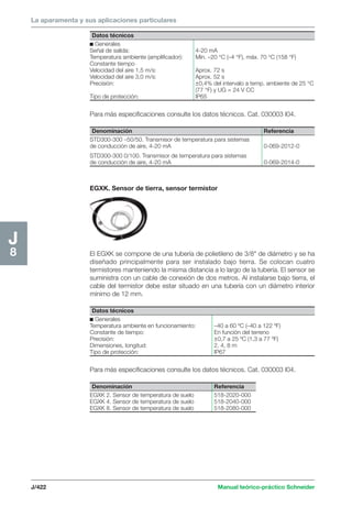 La aparamenta y sus aplicaciones particulares 
Datos técnicos 
c Generales 
Señal de salida: 4-20 mA 
Temperatura ambiente (amplificador): Mín. –20 °C (–4 °F), máx. 70 °C (158 °F) 
Constante tiempo 
Velocidad del aire 1,5 m/s: Aprox. 72 s 
Velocidad del aire 3,0 m/s: Aprox. 52 s 
Precisión: ±0,4% del intervalo a temp. ambiente de 25 °C 
(77 °F) y UG = 24 V CC 
Tipo de protección: IP65 
Para más especificaciones consulte los datos técnicos. Cat. 030003 I04. 
J/422 Manual teórico-práctico Schneider 
J8 
Para más especificaciones consulte los datos técnicos. Cat. 030003 I04. 
Denominación Referencia 
STD300-300 –50/50. Transmisor de temperatura para sistemas 
de conducción de aire, 4-20 mA 0-069-2012-0 
STD300-300 0/100. Transmisor de temperatura para sistemas 
de conducción de aire, 4-20 mA 0-069-2014-0 
EGXK. Sensor de tierra, sensor termistor 
El EGXK se compone de una tubería de polietileno de 3/8 de diámetro y se ha 
diseñado principalmente para ser instalado bajo tierra. Se colocan cuatro 
termistores manteniendo la misma distancia a lo largo de la tubería. El sensor se 
suministra con un cable de conexión de dos metros. Al instalarse bajo tierra, el 
cable del termistor debe estar situado en una tubería con un diámetro interior 
mínimo de 12 mm. 
Datos técnicos 
c Generales 
Temperatura ambiente en funcionamiento: –40 a 60 ºC (–40 a 122 ºF) 
Constante de tiempo: En función del terreno 
Precisión: ±0,7 a 25 ºC (1,3 a 77 ºF) 
Dimensiones, longitud: 2, 4, 8 m 
Tipo de protección: IP67 
Denominación Referencia 
EGXK 2. Sensor de temperatura de suelo 518-2020-000 
EGXK 4. Sensor de temperatura de suelo 518-2040-000 
EGXK 8. Sensor de temperatura de suelo 518-2080-000 
 