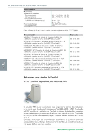 La aparamenta y sus aplicaciones particulares 
Datos técnicos 
c Generales 
Temperatura ambiente: 
Funcionamiento –20 a 70 °C (–4 a 158 °F) 
Almacenamiento –20 a 70 °C (–4 a 158 °F) 
Tiempo de funcionamiento: 
3 puntos 0-50 mm (0-2 pulg.) 50 Hz, 132 s 
60 Hz, 112 s 
Régimen de trabajo: Máx. 80%/60 minutos 
Tipo de protección: IP65 
Para más especificaciones consulte los datos técnicos. Cat. 030003 I04. 
Denominación Referencia 
M22B-24 V. Actuador de válvula de 3 puntos de 24 V CA 
o 230 V CA para los tamaños DN65-DN100 de la V321 890-0106-000 
M22B-24 V-S2V. Actuador de válvula de 3 puntos de 24 V CA 
o 230 V CA para los tamaños DN65-DN100 de la V321 890-0108-000 
M22B-230 V. Actuador de válvula de 3 puntos de 24 V CA 
o 230 V CA para los tamaños DN65-DN100 de la V321 890-0110-000 
M22B-230 V-S2V. Actuador de válvula de 3 puntos de 24 V CA 
o 230 V CA para los tamaños DN65-DN100 de la V321 890-0112-000 
M50B-24 V. Actuador de válvula de 3 puntos de 24 V CA 
o 230 V CA para los tamaños DN65-DN100 de la V321 890-0206-000 
M50B-24 V-S2. Actuador de válvula de 3 puntos de 24 V CA 
o 230 V CA para los tamaños DN65-DN100 de la V321 890-0208-000 
M50B-24 V. Actuador de válvula de 3 puntos de 24 V CA 
o 230 V CA para los tamaños DN65-DN100 de la V321 890-0210-000 
M50B-24 V-S2. Actuador de válvula de 3 puntos de 24 V CA 
o 230 V CA para los tamaños DN65-DN100 de la V321 890-0212-000 
J/444 Manual teórico-práctico Schneider 
J8 
Actuadores para válvulas de Fan Coil 
MZ18A. Actuador proporcional para válvula de zona 
El actuador MZ18A se ha diseñado para proporcionar control de modulación 
junto con la serie de válvulas lineales pequeñas VZ22, VZ32 y VZ42. El actuador 
MZ18A se utiliza en unidades de Fan Coil, unidades de inducción, pequeños 
recalentadores y refrigeradores y aplicaciones para control de zonas. El actuador 
es compatible con controladores que proporcionan señales de salida de 0-10 V o 
2-10 V. 
Gracias a la función de sincronización automática, el punto de cierre es 
autoajustable. Con un tiempo de funcionmiento de 150 s, la posición de la válvula 
y el ajuste del flujo son muy exactos. 
 