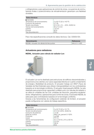 8. Aparamenta para la gestión de la calefacción 
Manual teórico-práctico Schneider J/447 
J8 
y refrigeradores y para aplicaciones de control de zonas. La ausencia de conmu-tadores 
finales o potenciómetros de retroalimentación garantizan una fiabilidad 
duradera. 
Datos técnicos 
c Generales 
Temperatura de funcionamiento: 0 a 60 ºC (32 a 140 ºF) 
Consumo de potencia: 0,7 VA 
Tensión de entrada: 24 V CA +10... –30%, 50/60 Hz 
Tiempo de funcionamiento: 36 s/1,6 mm 
Carrera: 1,6 mm 
Empuje: 90 N 
Tipo de protección: IP43 
Para más especificaciones consulte los datos técnicos. Cat. 030003 I04. 
Denominación Referencia 
MZ09B. Actuador de válvula de tres puntos 845-5111-000 
Actuadores para radiadores 
MZ09L. Actuador para válvula de radiador Lon 
El actuador Lon se ha diseñado para estructuras de edificios descentralizadas y 
proporciona a los clientes una nueva capacidad efectiva en cuanto a tratamiento 
de energía y flexibilidad de producto. El actuador trabaja con SNVT (Tipos de 
Variables de Red Estándar) para ofrecer interoperabilidad con los controladores 
basados en la tecnología LonWorks. El actuador lineal pequeño MZ09L ha sido 
diseñado para proporcionar capacidad LonMark junto con válvulas de radiador y 
se utiliza en unidades de Fan Coil, unidades de inducción, pequeños recalenta-dores, 
refrigeradores y aplicaciones para control de zonas. El actuador MZ09L es 
adecuado para controladores basados en la tecnología LonWorks. 
Gracias a las herramientas de configuración estándar de Echelon, el actuador 
puede configurarse con valores de trabajo específicos. 
Datos técnicos 
c Generales 
Temperatura de funcionamiento: 0 a 55 ºC (32 a 131 ºF) 
Tensión de alimentación: 24 V CA ±20%, 50/60 Hz 
Consumo de potencia: 1,4 VA 
Señal de control: SNVT_lev_percent 0-100% 
Protocolo: LonTalk 
Canal: FTT-10 
Tiempo de funcionamiento: 53 s a 50 Hz y 44 s a 60 Hz 
Carrera: 2,5 mm 
Empuje: 180 N 
Tipo de protección: IP42 
 