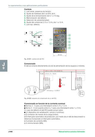 La aparamenta y sus aplicaciones particulares 
J 
1 
7 
 
Ur 
Ur 
 
U 
Ur 
U 
Ur 
t 
t 
R 
Fig. J9-001: carátula del relé RCI. 
1 3 5 7 
 
Ur 
 
memoria 
ON 
OFF 
R 
4 
2 
1 
8 
6 
10 
40 60 
20 
70 
85 
10 100 
% 
15 
5 
25 35 
45 
50 
2 4 6 8 
36 mm 
L 
N 230 V +10% –15% 50/60 Hz 
3 
5 
6 
2 
4 
P=3VA 0,15 A  Ir  100 A 1 A ≤ Ir ≤ 10 A 
1 3 5 7 
2 4 6 8 
+ 55 °C 
– 5 °C 
4 6 8 4 6 8 8 A (cos  = 1) 250 V 
R R 
1 3 5 7 
2 4 6 8 
6 
máx. 
J/488 Manual teórico-práctico Schneider 
J9 
Carátula 
1. Led verde: presencia de tensión. 
2. Ajuste de histéresis del 5 al 50% de Ir. 
3. Ajuste de la temporización de 0,1 a 10 seg. 
4. Memorización del defecto. 
5. Selección de sobreintensidad. 
6. Ajuste del umbral de 0,15 a 1,5 A y de 1 a 10 A. 
7. Led rojo: defecto. 
Conexionado 
El relé se conecta directamente a la red de alimentación de los equipos o motores. 
Fig. J9-002: esquema de conexionado de un relé RCI. 
Conexionado en función de la corriente nominal: 
c Bornes 3 - 5 para una intensidad Ir entre 0,15 y 1,5 A. 
c Borne 3 - 5 con puente entre 5 y 7 para una intensidad Ir entre 1 y 10 A. 
En caso de defecto el relé RCI puede actuar sobre: 
c Un dispositivo de señalización, sonoro o luminoso: 
v El contactor de mando de la carga (motor). 
v El interruptor automático de protección, por medio de un relé de desconexión a 
distancia incorporado al interruptor automático. 
v A emisión de corriente (MX). 
v A mínima tensión (MN). 
 