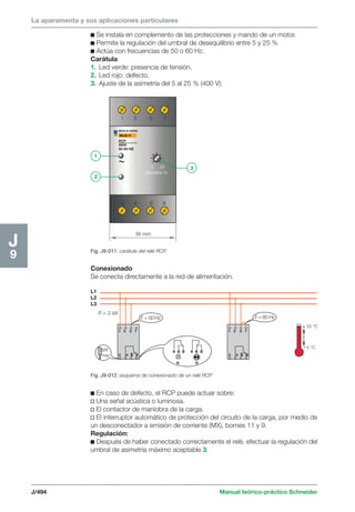 La aparamenta y sus aplicaciones particulares 
J 
1 
2 
1 3 5 7 
5 25 
asimetría % 
2 4 6 8 
36 mm 
Fig. J9-011: carátula del relé RCP. 
L1 
L2 
L3 
1 3 5 7 
2 4 6 8 
3 
F = 50 Hz F = 60 Hz 
P = 3 VA 
6 
máx. 
4 6 8 4 6 8 
R R 
1 3 5 7 
2 4 6 8 
55 °C 
5 °C 
J/494 Manual teórico-práctico Schneider 
J9 
c Se instala en complemento de las protecciones y mando de un motor. 
c Permite la regulación del umbral de desequilibrio entre 5 y 25 % 
c Actúa con frecuencias de 50 o 60 Hz. 
Carátula 
1. Led verde: presencia de tensión. 
2. Led rojo: defecto. 
3. Ajuste de la asimetría del 5 al 25 % (400 V). 
Conexionado 
Se conecta directamente a la red de alimentación. 
Fig. J9-012: esquema de conexionado de un relé RCP. 
c En caso de defecto, el RCP puede actuar sobre: 
v Una señal acústica o luminosa. 
v El contactor de maniobra de la carga. 
v El interruptor automático de protección del circuito de la carga, por medio de 
un desconectador a emisión de corriente (MX), bornes 11 y 9. 
Regulación: 
c Después de haber conectado correctamente el relé, efectuar la regulación del 
umbral de asimetría máximo aceptable 3. 
 