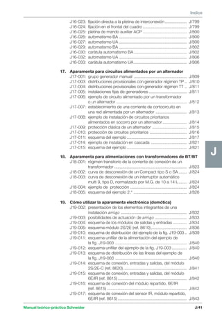 Manual teórico-práctico Schneider 
J 
Indice 
J/41 
J 
J16-023: fijación directa a la pletina de interconexión ................... J/799 
J16-024: fijación en el frontal del cuadro ...................................... J/799 
J16-025: pletina de mando auxiliar ACP ...................................... J/800 
J16-026: automatismo BA ........................................................... J/800 
J16-027: automatismo UA ........................................................... J/800 
J16-029: automatismo BA ........................................................... J/802 
J16-030: carátula automatismo BA .............................................. J/802 
J16-032: automatismo UA ........................................................... J/806 
J16-033: carátula automatismo UA .............................................. J/806 
17. Aparamenta para circuitos alimentados por un alternador 
J17-001: grupo generador manual .............................................. J/809 
J17-003: distribuciones provisionales con generador régimen TP .. J/810 
J17-004: distribuciones provisionales con generador régimen TT .. J/811 
J17-005: instalaciones fijas de generadores ................................. J/811 
J17-006: ejemplo de circuito alimentado por un transformador 
o un alternador ............................................................. J/812 
J17-007: establecimiento de una corriente de cortocircuito en 
una red alimentada por un alternador ........................... J/813 
J17-008: ejemplo de instalación de circuitos prioritarios 
alimentados en socorro por un alternador ..................... J/814 
J17-009: protección clásica de un alternador .............................. J/815 
J17-010: protección de circuitos prioritarios ................................ J/816 
J17-011: esquema del ejemplo .................................................... J/817 
J17-014: ejemplo de instalación en cascada ............................... J/821 
J17-015: esquema del ejemplo .................................................... J/821 
18. Aparamenta para alimentaciones con transformadores de BT/BT 
J18-001: régimen transitorio de la corriente de conexión de un 
transformador ............................................................... J/823 
J18-002: curva de desconexión de un Compact tipo S o SA ....... J/824 
J18-003: curva de desconexión de un interruptor automático 
multi 9, tipo D, normalizado por M.G. de 10 a 14 In ....... J/824 
J18-004: ejemplo de protección ................................................. J/824 
J18-005: esquema del ejemplo 2.° .............................................. J/826 
19. Cómo utilizar la aparamenta electrónica (domótica) 
J19-002: presentación de los elementos integrantes de una 
instalación amigo ......................................................... J/832 
J19-003: posibilidades de actuación de amigo ............................ J/833 
J19-004: esquema de los módulos de salidas y entradas ............ J/834 
J19-005: esquema módulo 2S/2E (ref. 8610) ............................... J/836 
J19-010: esquema de distribución del ejemplo de la fig. J19-003 .. J/839 
J19-011: esquema unifilar de la alimentación del ejemplo de 
la fig. J19-003 .............................................................. J/840 
J19-012: esquema unifilar del ejemplo de la fig. J19-003 ............. J/840 
J19-013: esquema de distribución de las líneas del ejemplo de 
la fig. J19-003 .............................................................. J/840 
J19-014: esquema de conexión, entradas y salidas, del módulo 
2S/2E-C (ref. 8620) ....................................................... J/841 
J19-015: esquema de conexión, entradas y salidas, del módulo 
6E/IR (ref. 8615) ............................................................ J/842 
J19-016: esquema de conexión del módulo repartido, 6E/IR 
(ref. 8615) ..................................................................... J/842 
J19-017: esquema de conexión del sensor IR, módulo repartido, 
6E/IR (ref. 8615) ............................................................ J/843 
 