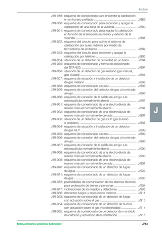 Manual teórico-práctico Schneider 
J 
Indice 
J/43 
J 
J19-049: esquema de conexionado para encender la calefacción 
en un horario prefijado .................................................. J/889 
J19-050: esquema de conexionado para encender y apagar la 
calefacción de una zona de la vivienda ......................... J/890 
J19-051: esquema de conexionado para regular la calefacción 
en función de la temperatura interior y exterior de la 
vivienda ........................................................................ J/891 
J19-052: esquema del circuito para activar el sistema de 
calefacción por suelo radiante por medio de 
termostatos de ambiente .............................................. J/892 
J19-053: esquema del circuito para encender y apagar la 
calefacción por teléfono ................................................ J/893 
J19-054: situación de un detector de humedad en un baño ........ J/894 
J19-055: esquema de conexionado y forma de posicionado 
del DTA-925 ................................................................. J/894 
J19-056: situación de un detector de gas metano (gas natural, 
gas ciudad) ................................................................... J/895 
J19-057: esquema de situación e instalación de un detector 
de gas metano ............................................................. J/896 
J19-058: esquema de conexionado a la red ................................ J/896 
J19-059: esquema de conexión del detector de gas a la entrada 
amigo ........................................................................... J/896 
J19-060: esquema de conexión de la salida de amigo a la 
electroválvula normalmente abierta ............................... J/897 
J19-061: esquema de conexionado de una electroválvula de 
rearme manual normalmente abierta ............................. J/897 
J19-062: esquema de conexionado de una electroválvula de 
rearme manual normalmente cerrada ............................ J/897 
J19-063: situación de un detector de gas GLP (gas butano 
o propano) .................................................................... J/898 
J19-064: esquema de situación e instalación de un detector 
de gas GLP .................................................................. J/899 
J19-065: esquema de conexionado a la red ................................ J/899 
J19-066: esquema de conexión del detector de gas a la entrada 
amigo ........................................................................... J/900 
J19-067: esquema de conexión de la salida de amigo a la 
electroválvula normalmente abierta ............................... J/900 
J19-068: esquema de conexionado de una electroválvula de 
rearme manual normalmente abierta ............................. J/900 
J19-069: esquema de conexionado de una electroválvula de 
rearme manual normalmente cerrada ............................ J/901 
J19-070: esquema de conexionado de un detector de fugas 
de agua ........................................................................ J/902 
J19-071: esquema de conexionado de un detector de fugas 
de gas .......................................................................... J/903 
J19-072: posibilidades de comunicación de las alarmas técnicas 
para protección de bienes y personas .......................... J/904 
J19-077: inclinaciones de los tejados y detectores ...................... J/908 
J19-080: diferentes fuegos y fases de los mismos ....................... J/911 
J19-083: esquema de conexionado de un detector de fuego 
con actuación sobre el gas ........................................... J/913 
J19-084: esquema de conexionado de un detector de humos 
con actuación sobre el gas y la electricidad .................. J/914 
J19-085: esquema de conexionado de un detector de monóxido 
de carbono y activación de la ventilación ...................... J/915 
 