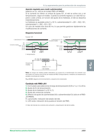 9. La aparamenta para la protección de receptores 
t  t 
Manual teórico-práctico Schneider J/521 
J9 
Aparato regulado para medir subintensidad 
(selector en Uc, sólo en el modelo RM3-JA1••MW) 
Si la corriente es inferior al umbral de ajuste IS1, el relé se activa con o sin 
temporización, según el modelo. Cuando la corriente regresa a un valor IS2 su-perior 
a este umbral, en función del ajuste de la histéresis, el relé se desactiva 
instantáneamente. 
La histéresis es ajustable entre 5 y 30 %: sobreintensidad H = (IS1 – IS2) / IS1, 
subintensidad h = (IS2 – IS1) / IS1. 
Un ciclo de medida sólo dura 80 ms, lo que permite gestionar rápidamente las 
modificaciones de corriente. 
Diagrama funcional 
Función “OI” 
U alimentación A1-A2 
Corriente medida 
IS1 
IS2 
Relé 15-18 
15-16 
25-28 
25-26 
t  t 
t: temporización 
U alimentación A1-A2 
Corriente medida 
IS2 
IS1 
Relé 15-18 
15-16 
25-28 
25-26 
Función “UI” 
Circuito de 
medida 
RM3-JA 
Carga 
B1, B2, B3 C 
Caída U  1 V 
I de medida 
Nota: los rangos de medida pueden extenderse con ayuda de un transformador de corriente cuyo 
secundario se conecte a las bornas de medida del RM3 correspondiente o mediante una resistencia en 
paralelo a la entrada de medida. 
Fig. J9-048: diagrama de funcionamiento y esquema de conexionado. 
Carátula relé RM3-JA1 
1. Conmutador para seleccionar el rango de temporización (0,05 a 1 s y 1,5 a 30 s). 
2. Ajuste de fin de temporización. 
3. Ajuste de la histéresis 5 a 30 % (1). 
4. Ajuste del umbral de corriente. 
5. Selector de ajuste de subintensidad (VI) o sobreintensidad Oc (sólo en el RM3- 
JA1••MW). 
R. Led amarillo: indicación del estado del relé. 
U. LED verde: indicación de la puesta en tensión del RM3. 
(1) Valor del intervalo de corriente entre activación y desactivación del relé de salida. 
 
