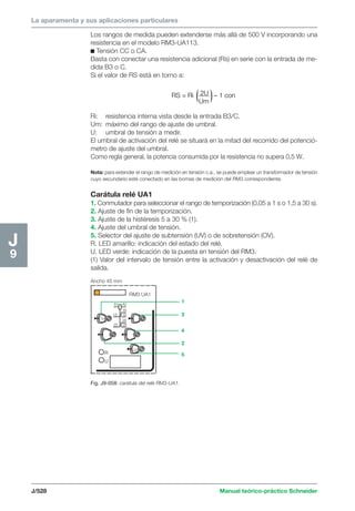 La aparamenta y sus aplicaciones particulares 
16 
1s 26 
J/528 Manual teórico-práctico Schneider 
J9 
Los rangos de medida pueden extenderse más allá de 500 V incorporando una 
resistencia en el modelo RM3-UA113. 
c Tensión CC o CA. 
Basta con conectar una resistencia adicional (Rs) en serie con la entrada de me-dida 
B3 o C. 
Si el valor de RS está en torno a: 
RS = Ri 2U 
Um 
– 1 con 
Ri: resistencia interna vista desde la entrada B3/C. 
Um: máximo del rango de ajuste de umbral. 
U: umbral de tensión a medir. 
El umbral de activación del relé se situará en la mitad del recorrido del potenció-metro 
de ajuste del umbral. 
Como regla general, la potencia consumida por la resistencia no supera 0,5 W. 
Nota: para extender el rango de medición en tensión c.a., se puede emplear un transformador de tensión 
cuyo secundario esté conectado en las bornas de medición del RM3 correspondiente. 
Carátula relé UA1 
1. Conmutador para seleccionar el rango de temporización (0,05 a 1 s o 1,5 a 30 s). 
2. Ajuste de fin de la temporización. 
3. Ajuste de la histéresis 5 a 30 % (1). 
4. Ajuste del umbral de tensión. 
5. Selector del ajuste de subtensión (UV) o de sobretensión (OV). 
R. LED amarillo: indicación del estado del relé. 
U. LED verde: indicación de la puesta en tensión del RM3. 
(1) Valor del intervalo de tensión entre la activación y desactivación del relé de 
salida. 
Ancho 45 mm 
1 
3 
4 
2 
5 
RM3 UA1 
A1 A2 
15 18 
R 
U 
25 28 
Uc 
Fig. J9-058: carátula del relé RM3-UA1. 
 