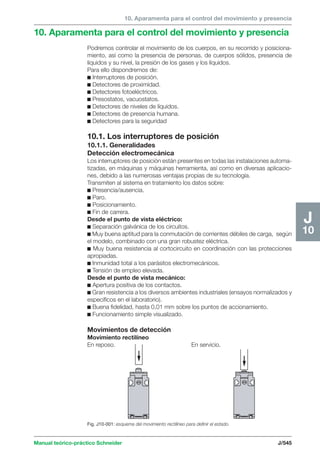 10. Aparamenta para el control del movimiento y presencia 
10. Aparamenta para el control del movimiento y presencia 
Manual teórico-práctico Schneider J/545 
J 
10 
Podremos controlar el movimiento de los cuerpos, en su recorrido y posiciona-miento, 
así como la presencia de personas, de cuerpos sólidos, presencia de 
líquidos y su nivel, la presión de los gases y los líquidos. 
Para ello dispondremos de: 
c Interruptores de posición. 
c Detectores de proximidad. 
c Detectores fotoeléctricos. 
c Presostatos, vacuostatos. 
c Detectores de niveles de líquidos. 
c Detectores de presencia humana. 
c Detectores para la seguridad 
10.1. Los interruptores de posición 
10.1.1. Generalidades 
Detección electromecánica 
Los interruptores de posición están presentes en todas las instalaciones automa-tizadas, 
en máquinas y máquinas herramienta, así como en diversas aplicacio-nes, 
debido a las numerosas ventajas propias de su tecnología. 
Transmiten al sistema en tratamiento los datos sobre: 
c Presencia/ausencia. 
c Paro. 
c Posicionamiento. 
c Fin de carrera. 
Desde el punto de vista eléctrico: 
c Separación galvánica de los circuitos. 
c Muy buena aptitud para la conmutación de corrientes débiles de carga, según 
el modelo, combinado con una gran robustez eléctrica. 
c Muy buena resistencia al cortocircuito en coordinación con las protecciones 
apropiadas. 
c Inmunidad total a los parásitos electromecánicos. 
c Tensión de empleo elevada. 
Desde el punto de vista mecánico: 
c Apertura positiva de los contactos. 
c Gran resistencia a los diversos ambientes industriales (ensayos normalizados y 
específicos en el laboratorio). 
c Buena fidelidad, hasta 0,01 mm sobre los puntos de accionamiento. 
c Funcionamiento simple visualizado. 
Movimientos de detección 
Movimiento rectilíneo 
En reposo. En servicio. 
Fig. J10-001: esquema del movimiento rectilíneo para definir el estado. 
 