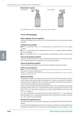 La aparamenta y sus aplicaciones particulares 
J/546 Manual teórico-práctico Schneider 
J 
10 
Movimiento angular 
En reposo. En servicio. 
Fig. J10-002: esquema del movimiento angular para definir el estado. 
10.1.2. Terminología 
Valor asignado de una magnitud 
Sustituye al antiguo valor nominal. Es el valor fijado para el funcionamiento espe-cificado. 
Categorías de empleo: 
c AC-15 sustituye a AC-11: accionamiento de electroimán en CA, ensayo 
10 Ie/Ie. 
c AC-12: accionamiento de cargas óhmicas en CA, o cargas estáticas aisladas 
por foto acoplador. 
c DC-13 sustituye a DC-11: accionamiento del electroimán en CC, ensayo Ie/Ie. 
Carrera de apertura positiva 
Carrera mínima entre el inicio del movimiento del elemento de mando y la posi-ción 
correspondiente a la realización de la apertura positiva. 
Fuerza de apertura positiva 
Fuerza aplicada al elemento de mando para realizar la apertura positiva. 
Poder de conmutación 
Nota: Ithe ya no es un valor asignado y no puede ser marcado sobre el aparato (es una corriente conven-cional 
para las pruebas de calentamiento). 
Ejemplo: a una categoría A 300 corresponde una corriente de empleo máxima de 6 A-120 V o 3 A-240 V, 
siendo la corriente Ithe de 10 A. 
Apertura positiva 
Un aparato cumple con esta premisa cuando todos los elementos de los contac-tos 
de apertura de éste pueden ser llevados con certeza a su posición de apertu-ra 
(ninguna unión elástica entre los contactos móviles y el elemento de mando en 
el que se aplica el esfuerzo de accionamiento). 
Todos los interruptores de posición equipados, bien con un elemento de contacto 
de apertura lenta, bien con un elemento de contacto de apertura brusca NC + NA 
(forma Zb), son de apertura positiva y en total conformidad con la norma CEI 
947-5-1 capítulo 3. 
La nueva generación de elementos de contacto XES-P2151, y sus variantes, 
está equipada con un dispositivo patentado de visualización de cambio del esta-do 
y de la carrera de positividad. 
Contacto de ruptura brusca 
Se caracteriza por puntos de accionamiento y de desaccionamiento bien diferen-ciados. 
La velocidad de desplazamiento de los contactos móviles es independiente de la 
velocidad del elemento de mando. Esta particularidad permite obtener rendi- 
 