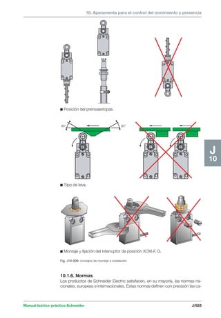 10. Aparamenta para el control del movimiento y presencia 
c Posición del prensaestopas. 
30° 30° 
c Tipo de leva. 
c Montaje y fijación del interruptor de posición XCM-F, G. 
Manual teórico-práctico Schneider J/553 
J 
10 
Fig. J10-009: consejos de montaje e instalación. 
10.1.6. Normas 
Los productos de Schneider Electric satisfacen, en su mayoría, las normas na-cionales, 
europeas e internacionales. Estas normas definen con precisión las ca- 
 