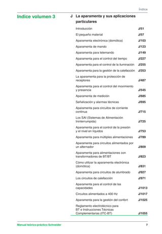 Indice volumen 3 J La aparamenta y sus aplicaciones 
Índice 
particulares 
Introducción J/51 
El pequeño material J/57 
Aparamenta electrónica (domótica) J/103 
Aparamenta de mando J/123 
Aparamenta para telemando J/149 
Aparamenta para el control del tiempo J/227 
Aparamenta para el control de la iluminación J/255 
Aparamenta para la gestión de la calefacción J/353 
La aparamenta para la protección de 
receptores J/487 
Aparamenta para el control del movimiento 
y presencia J/545 
Aparamenta de medición J/685 
Señalización y alarmas técnicas J/695 
Aparamenta para circuitos de corriente 
continua J/715 
Los SAI (Sistemas de Alimentación 
Ininterrumpida) J/725 
Aparamenta para el control de la presión 
y el nivel en líquidos J/753 
Aparamenta para múltiples alimentaciones J/789 
Aparamenta para circuitos alimentados por 
un alternador J/809 
Aparamenta para alimentaciones con 
transformadores de BT/BT J/823 
Cómo utilizar la aparamenta electrónica 
(domótica) J/831 
Aparamenta para circuitos de alumbrado J/927 
Los circuitos de calefacción J/971 
Aparamenta para el control de las 
capacidades J/1013 
Circuitos alimentados a 400 Hz J/1017 
Aparamenta para la gestión del confort J/1025 
Reglamento electrotécnico para 
BT e Instrucciones Técnicas 
Complementarias (ITC-BT) J/1055 
Manual teórico-práctico Schneider 7 
 