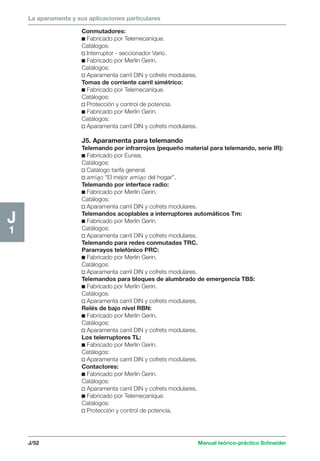 La aparamenta y sus aplicaciones particulares 
J/52 Manual teórico-práctico Schneider 
J1 
Conmutadores: 
c Fabricado por Telemecanique. 
Catálogos: 
v Interruptor - seccionador Vario. 
c Fabricado por Merlin Gerin. 
Catálogos: 
v Aparamenta carril DIN y cofrets modulares. 
Tomas de corriente carril simétrico: 
c Fabricado por Telemecanique. 
Catálogos: 
v Protección y control de potencia. 
c Fabricado por Merlin Gerin. 
Catálogos: 
v Aparamenta carril DIN y cofrets modulares. 
J5. Aparamenta para telemando 
Telemando por infrarrojos (pequeño material para telemando, serie IR): 
c Fabricado por Eunea. 
Catálogos: 
v Catálogo tarifa general. 
v amigo “El mejor amigo del hogar”. 
Telemando por interface radio: 
c Fabricado por Merlin Gerin. 
Catálogos: 
v Aparamenta carril DIN y cofrets modulares. 
Telemandos acoplables a interruptores automáticos Tm: 
c Fabricado por Merlin Gerin. 
Catálogos: 
v Aparamenta carril DIN y cofrets modulares. 
Telemando para redes conmutadas TRC. 
Pararrayos telefónico PRC: 
c Fabricado por Merlin Gerin. 
Catálogos: 
v Aparamenta carril DIN y cofrets modulares. 
Telemandos para bloques de alumbrado de emergencia TBS: 
c Fabricado por Merlin Gerin. 
Catálogos: 
v Aparamenta carril DIN y cofrets modulares. 
Relés de bajo nivel RBN: 
c Fabricado por Merlin Gerin. 
Catálogos: 
v Aparamenta carril DIN y cofrets modulares. 
Los telerruptores TL: 
c Fabricado por Merlin Gerin. 
Catálogos: 
v Aparamenta carril DIN y cofrets modulares. 
Contactores: 
c Fabricado por Merlin Gerin. 
Catálogos: 
v Aparamenta carril DIN y cofrets modulares. 
c Fabricado por Telemecanique. 
Catálogos: 
v Protección y control de potencia. 
 