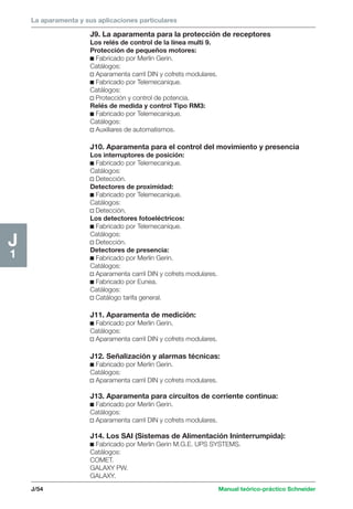 La aparamenta y sus aplicaciones particulares 
J/54 Manual teórico-práctico Schneider 
J1 
J9. La aparamenta para la protección de receptores 
Los relés de control de la línea multi 9. 
Protección de pequeños motores: 
c Fabricado por Merlin Gerin. 
Catálogos: 
v Aparamenta carril DIN y cofrets modulares. 
c Fabricado por Telemecanique. 
Catálogos: 
v Protección y control de potencia. 
Relés de medida y control Tipo RM3: 
c Fabricado por Telemecanique. 
Catálogos: 
v Auxiliares de automatismos. 
J10. Aparamenta para el control del movimiento y presencia 
Los interruptores de posición: 
c Fabricado por Telemecanique. 
Catálogos: 
v Detección. 
Detectores de proximidad: 
c Fabricado por Telemecanique. 
Catálogos: 
v Detección. 
Los detectores fotoeléctricos: 
c Fabricado por Telemecanique. 
Catálogos: 
v Detección. 
Detectores de presencia: 
c Fabricado por Merlin Gerin. 
Catálogos: 
v Aparamenta carril DIN y cofrets modulares. 
c Fabricado por Eunea. 
Catálogos: 
v Catálogo tarifa general. 
J11. Aparamenta de medición: 
c Fabricado por Merlin Gerin. 
Catálogos: 
v Aparamenta carril DIN y cofrets modulares. 
J12. Señalización y alarmas técnicas: 
c Fabricado por Merlin Gerin. 
Catálogos: 
v Aparamenta carril DIN y cofrets modulares. 
J13. Aparamenta para circuitos de corriente continua: 
c Fabricado por Merlin Gerin. 
Catálogos: 
v Aparamenta carril DIN y cofrets modulares. 
J14. Los SAI (Sistemas de Alimentación Ininterrumpida): 
c Fabricado por Merlin Gerin M.G.E. UPS SYSTEMS. 
Catálogos: 
COMET. 
GALAXY PW. 
GALAXY. 
 
